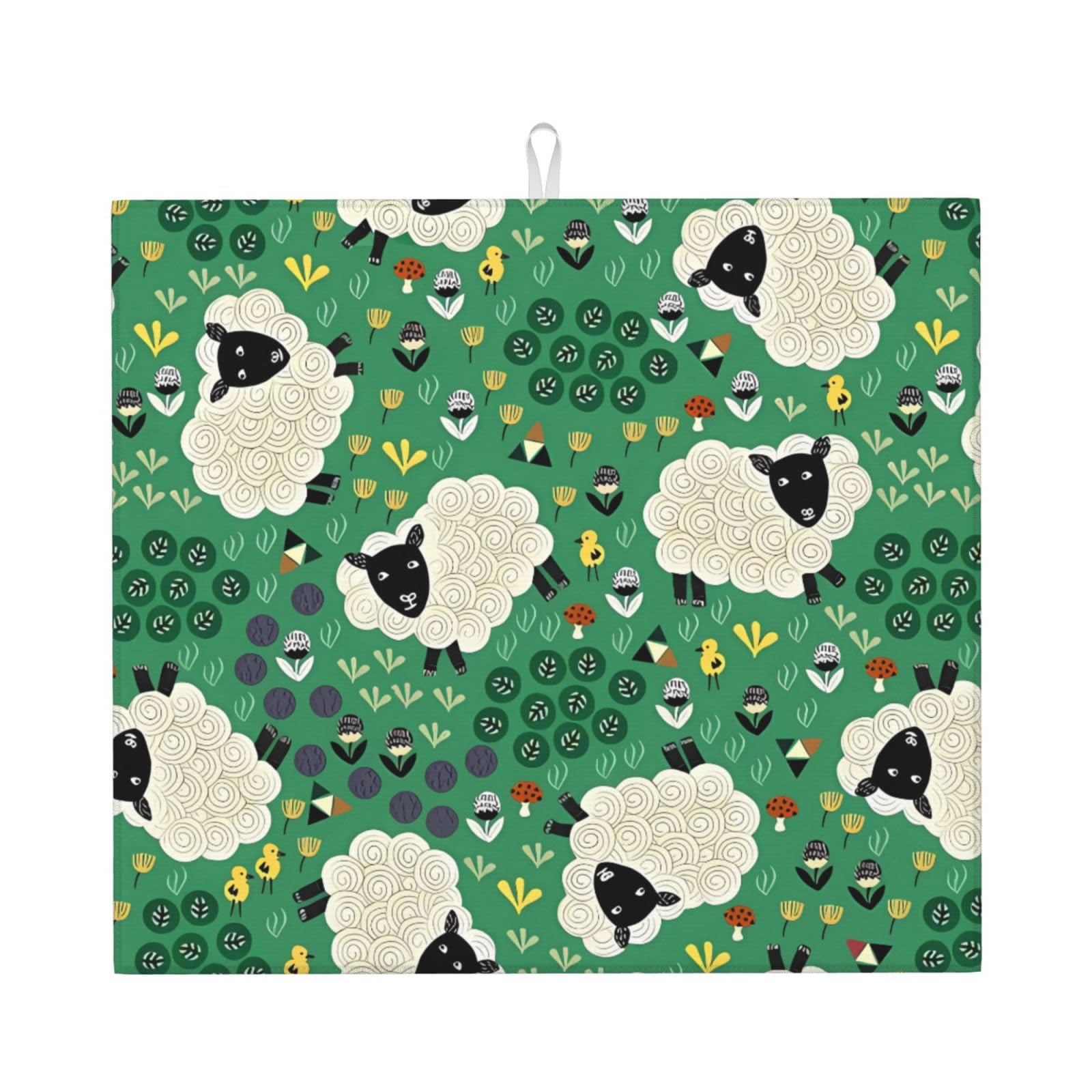 WHJSHOP Cute Cartoon Sheep Prints Kitchen Drying Mat - Absorbent Dish Drying Throw with Vibrant Prints, Quick-Dry Countertop Layer for Dishes & Glassware - Non-Slip