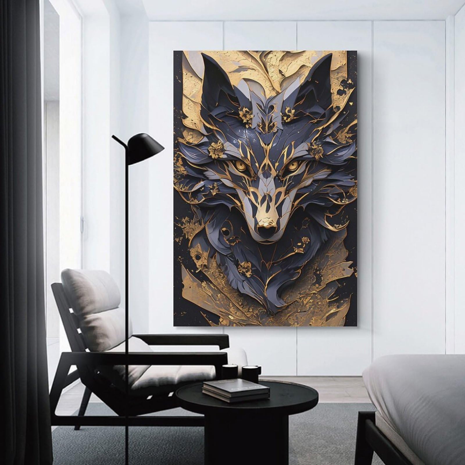 Junmoney Wall Picture Print Dark Blue Wolf Kintsugi, 24x36inch(60x90cm), for Living Room, Bedroom Or Apartment Walls, A Home Accent with Warm Character