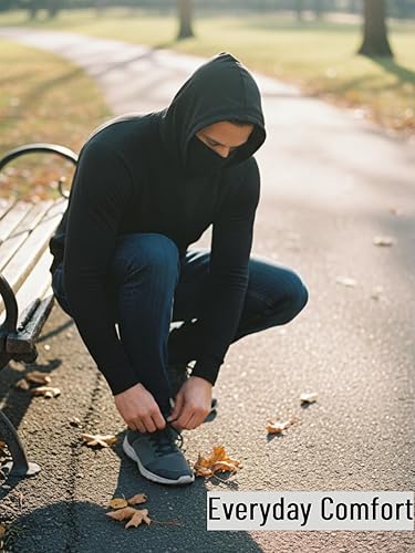 Miniatura 9 de Juego de camisas atléticas con capucha de 3 piezas, camisetas de rendimiento de manga larga con cubierta facial integrada, color negro, azul marino