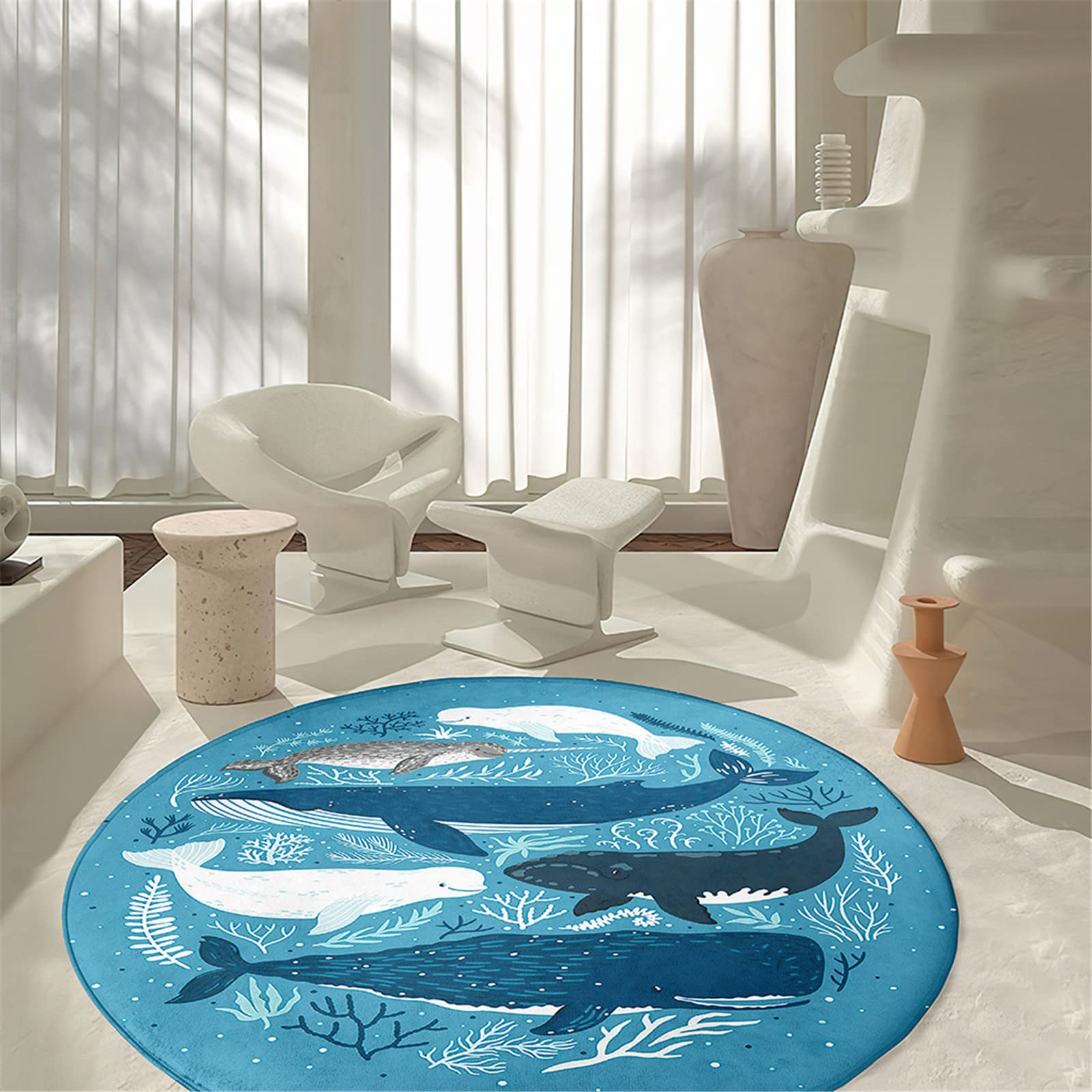 Runder Teppich Strand Thema - Weicher Kurzflor Teppich 90 Cm Hellblau