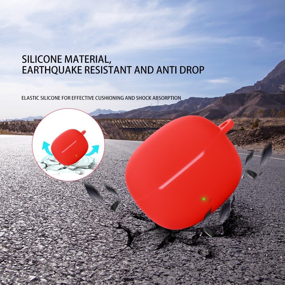 Diagram showing front, side, back, and bottom views of the red earbuds case