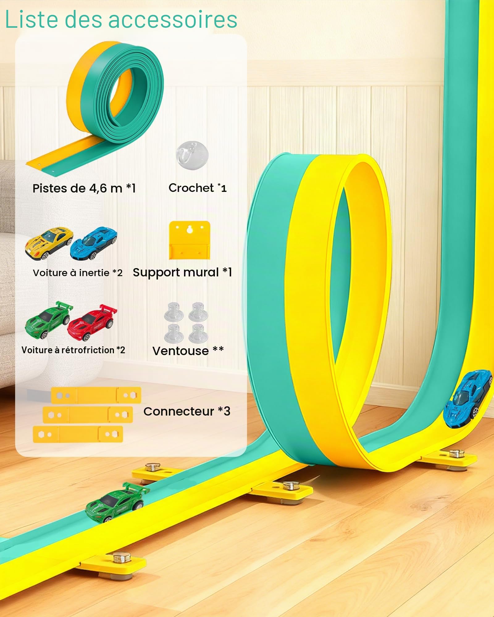 snookids Circuit de course flexible pour enfants de 3, 4, 5, 6 ans, 4,6 m, avec 4 voitures jouet, cadeau pour garçons et filles