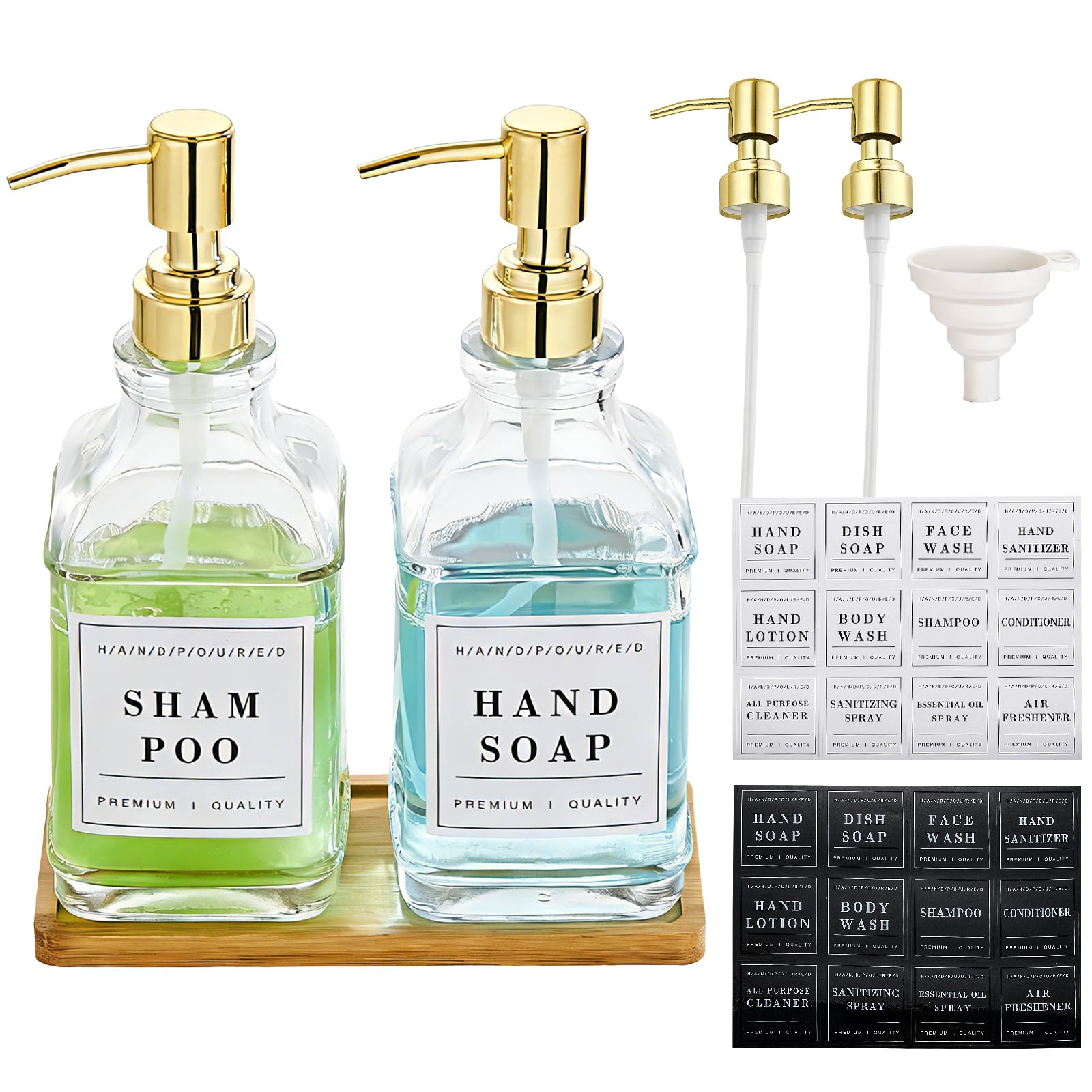 Pollock Dispensador Jabon Baño 2 Piezas, 500 ml con Bomba Dorada de Acero Inoxidable, Botellas de Champú para Rellenar, Dispensador Gel y Champu Ducha con 24 Etiquetas Impermeables para Cocina y Baño Global Recycled Standard Global Recycled Standard Global Recycled Standard