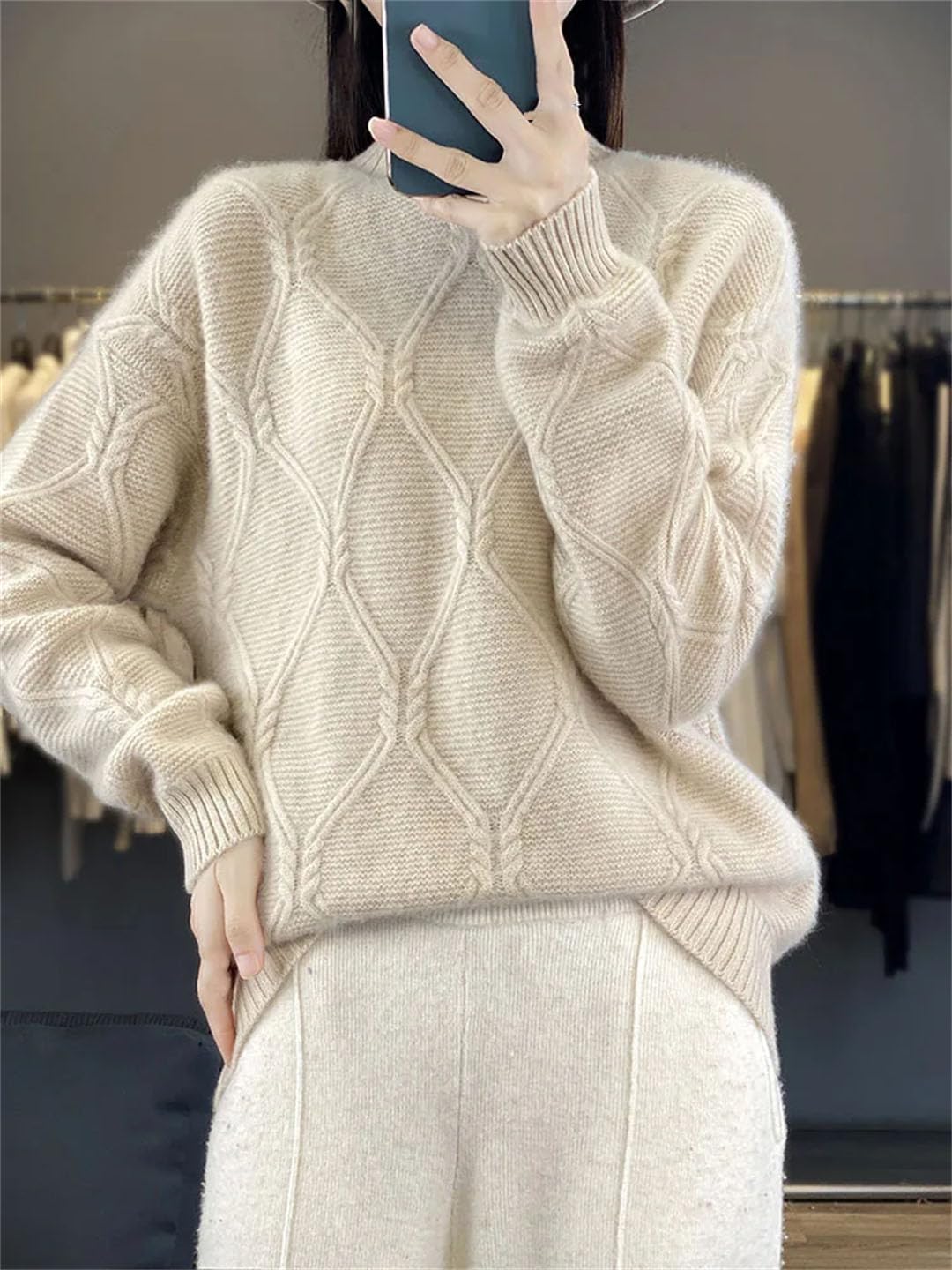 Vogrtcc Maglione da Donna Autunno Inverno Collo A Lupetto Pullover Spesso Maglione Lavorato A Maglia di Cashmere Intrecciato di Lana