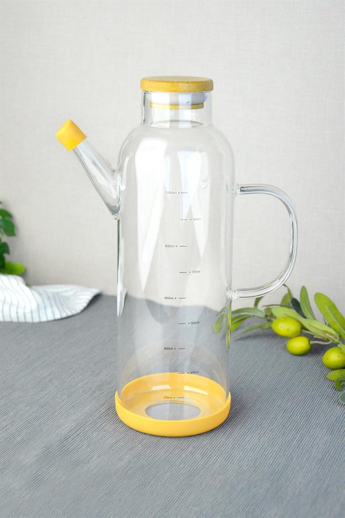 1000 ml Bambu Kapaklı Borosilikat Cam Yağlık