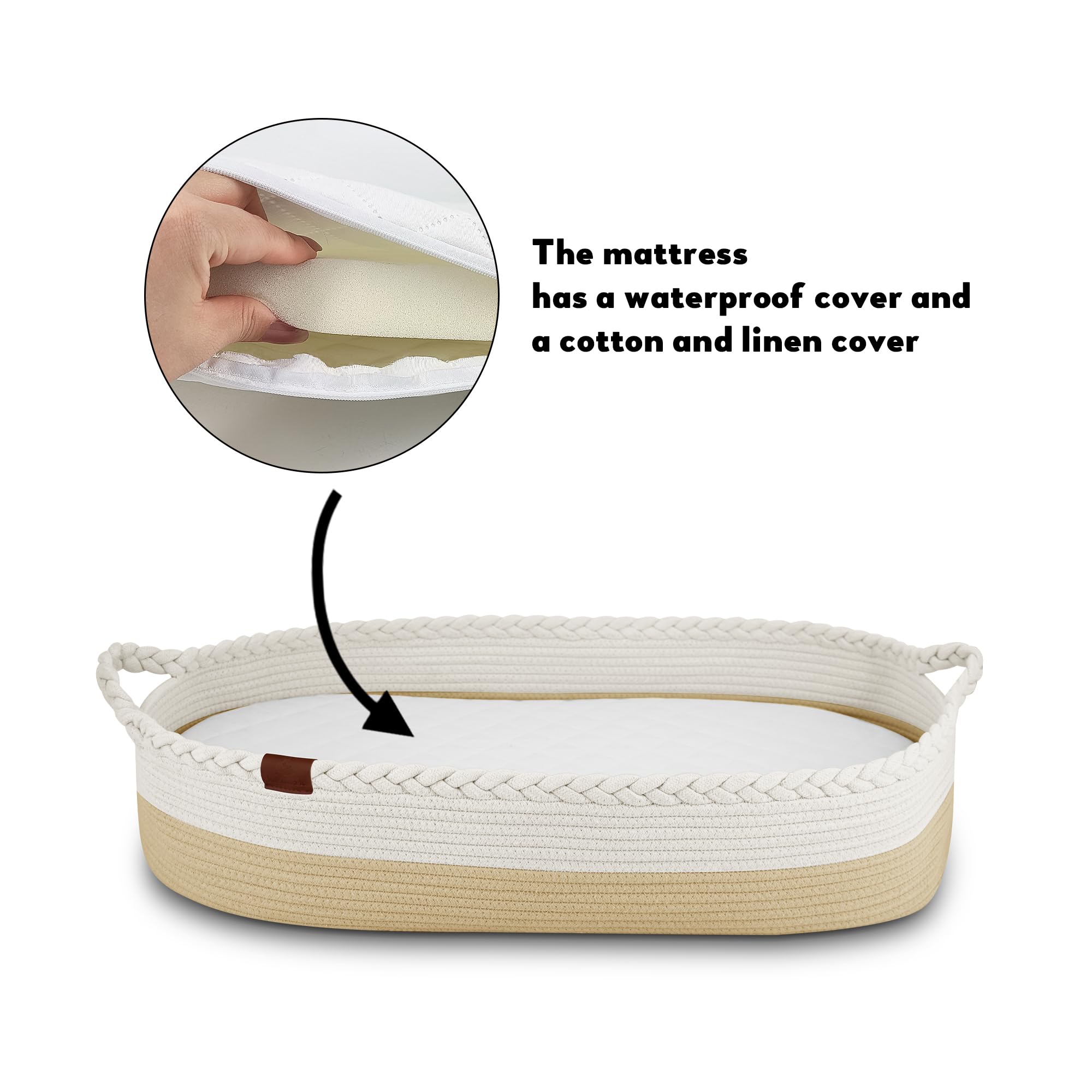 Cesta Cambiador Bebé Portátil, Canasta Mueble Recién Nacido, Cambiador de Mesa Impermeable Pañales, Funda Extraíble Suave con Cremallera, Nido Plegable de Viaje 100% Algodón Natural (Beige)