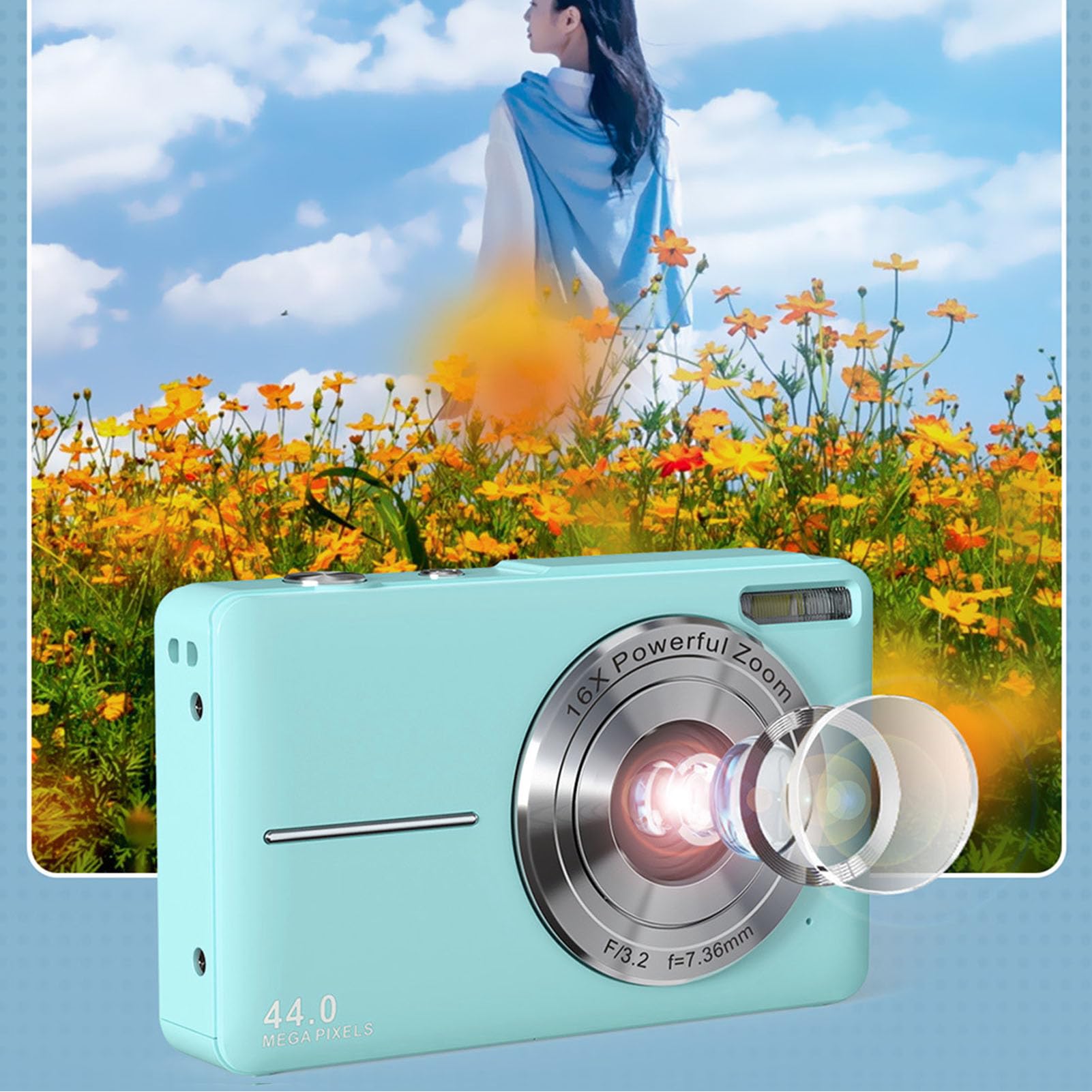 Fotocamera Digitale, Sensore CMOS, Zoom 16x, Fotocamera Digitale Compatta da Viaggio per Adolescenti (GREEN)