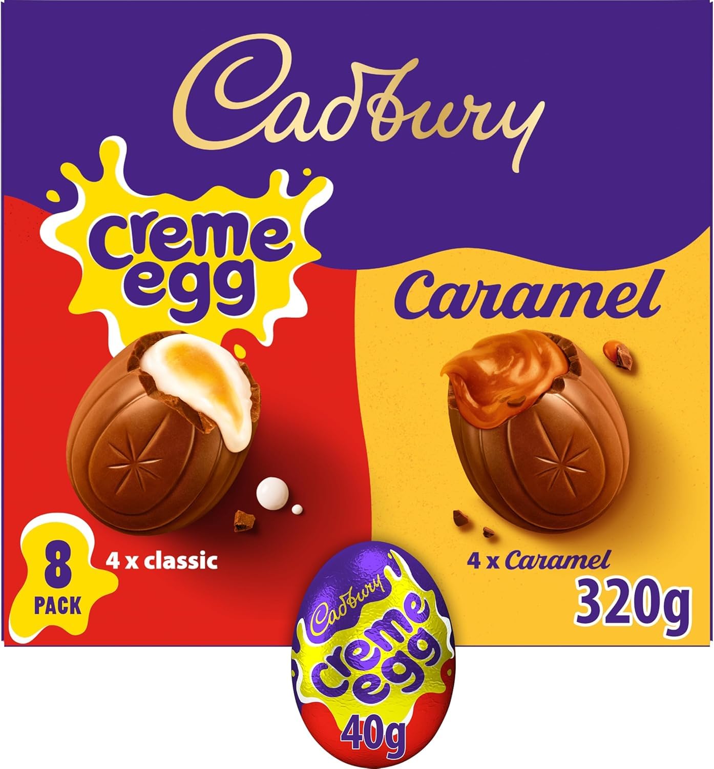 Cadbury Creme Egg and Caramel Milk Chocolate Egg, Perfect For Easter Egg Hunts, Includes 8 Eggs, 320 g (Pack of 1)