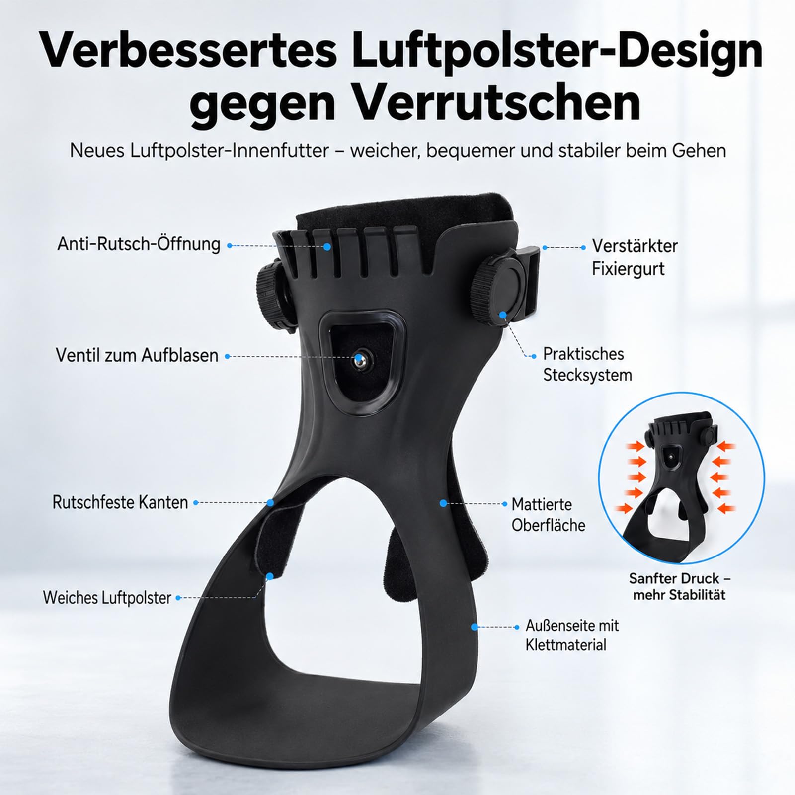 Woluna Fußheber mit Luftpolster für stabileren Gang (L, Links) | Weiche Kunstleder-Innenseite, verstellbarer Halt und belüftetes Design für angenehmes Tragen im Alltag