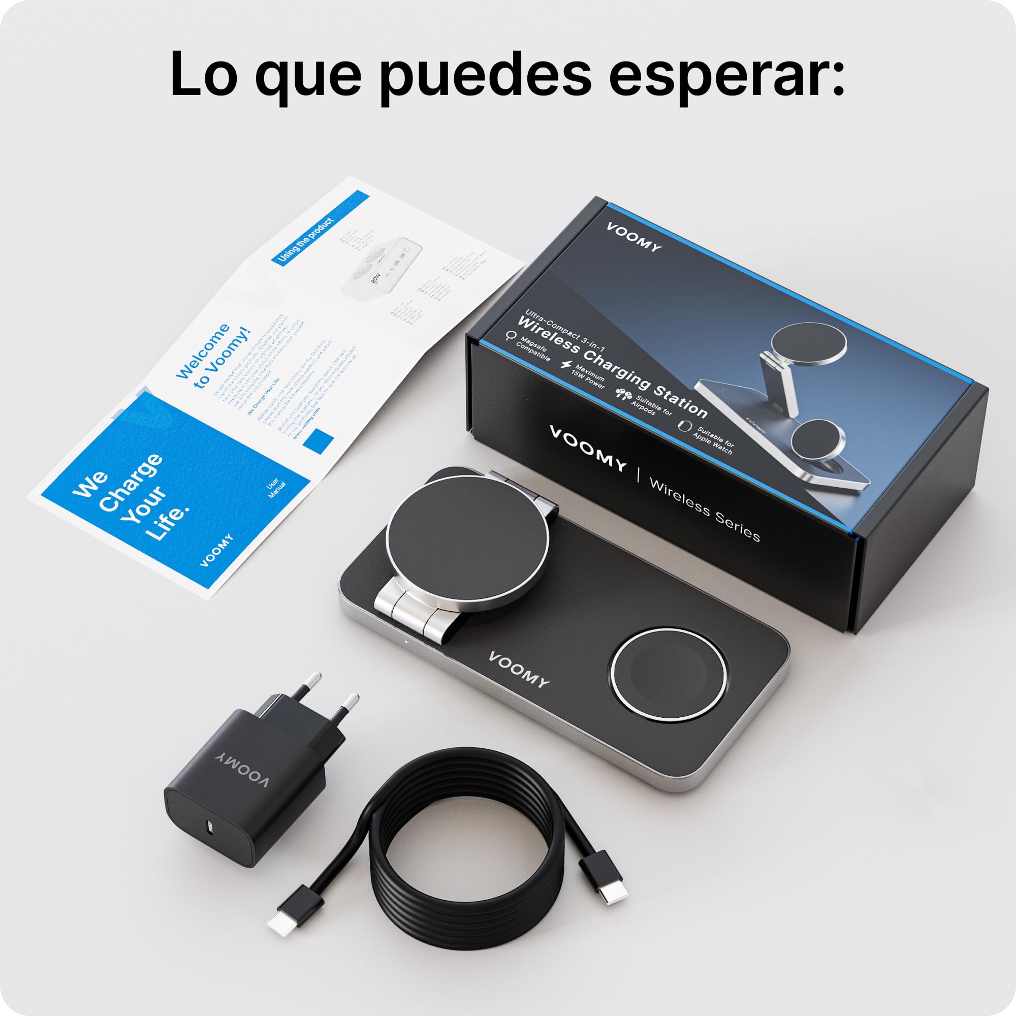 Voomy Carga inalámbrica 3 en 1 MagSafe – Estación de Carga para iPhone, Apple Watch y AirPods – 15W, diseño Plegable, con USB-C y Adaptador – Compatible con MagSafe y Qi