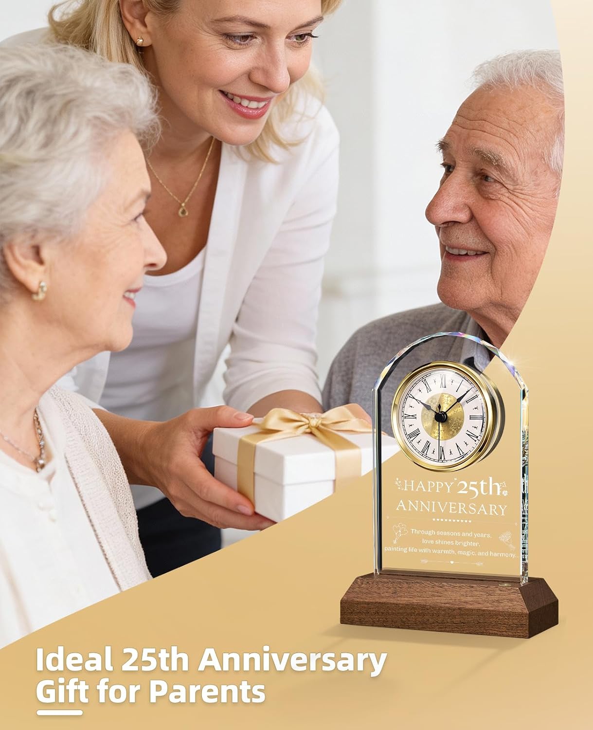 25th Anniversary Wedding Gifts, 25 Year Wedding Anniversary Clock, 25th Anniversary Marriage Gift for Couple, Parents, Him, Her (Wooden Base with LED Light)