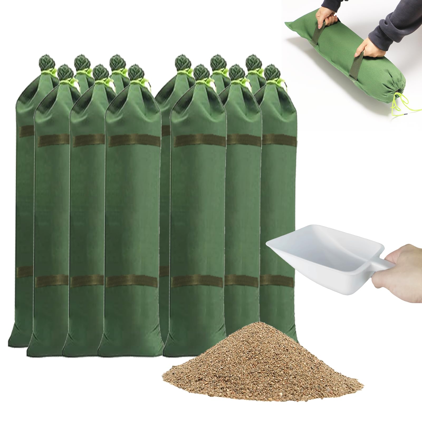 12x Sandsäcke zum Befüllen mit 1x Schaufel, 90x20cm Silosandsäcke unbefüllt, UV-beständiger wiederverwendbarer Hochwasser Sandsack mit Griffen Hochwasserchutz Wassersperre