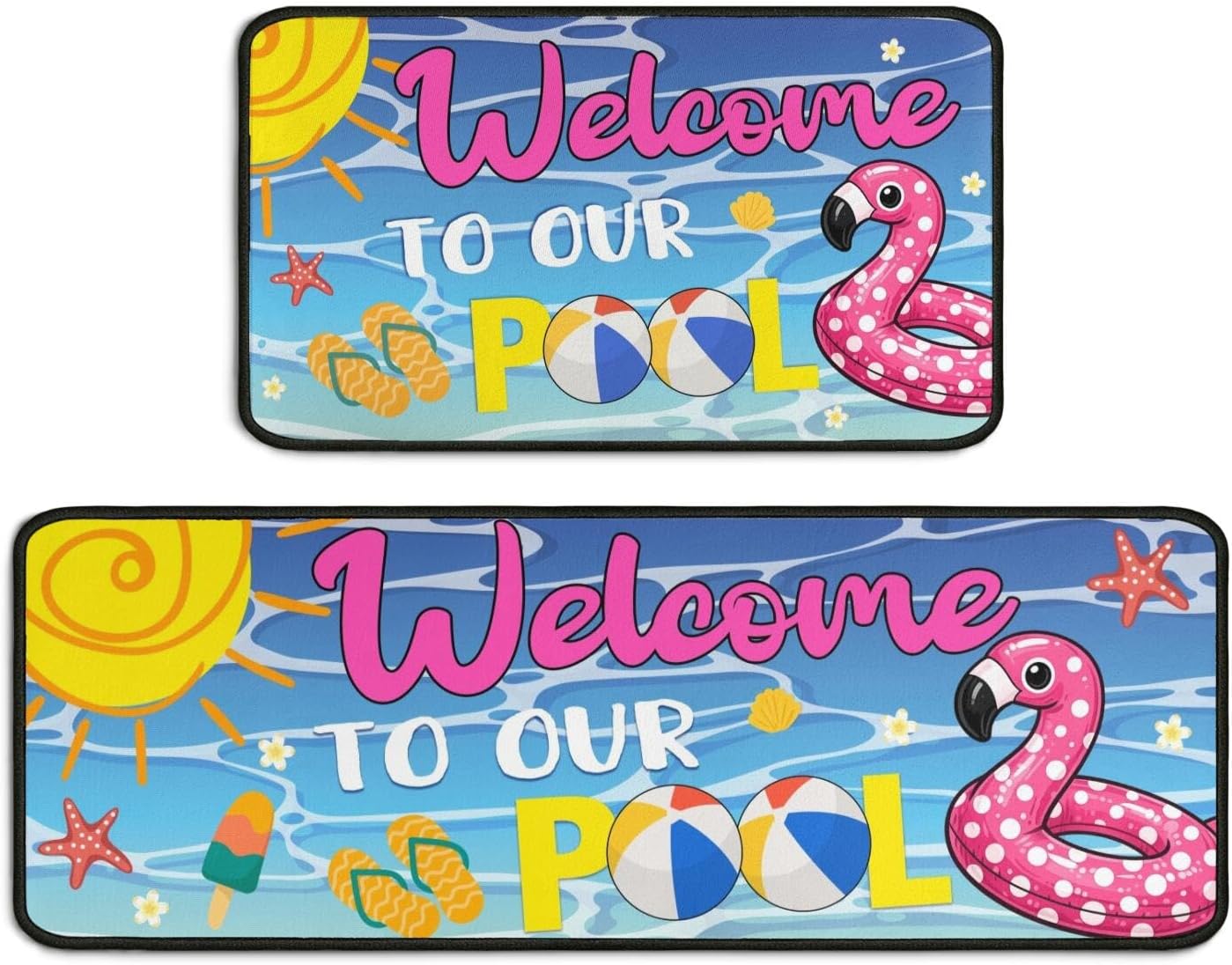 Summer Watermelon Pool Themed Kitchen Mat Set of 2, Non-Slip Absorbent Rugs for Kitchen, Laundry & Summer Decor 17"x47"+17"x30"