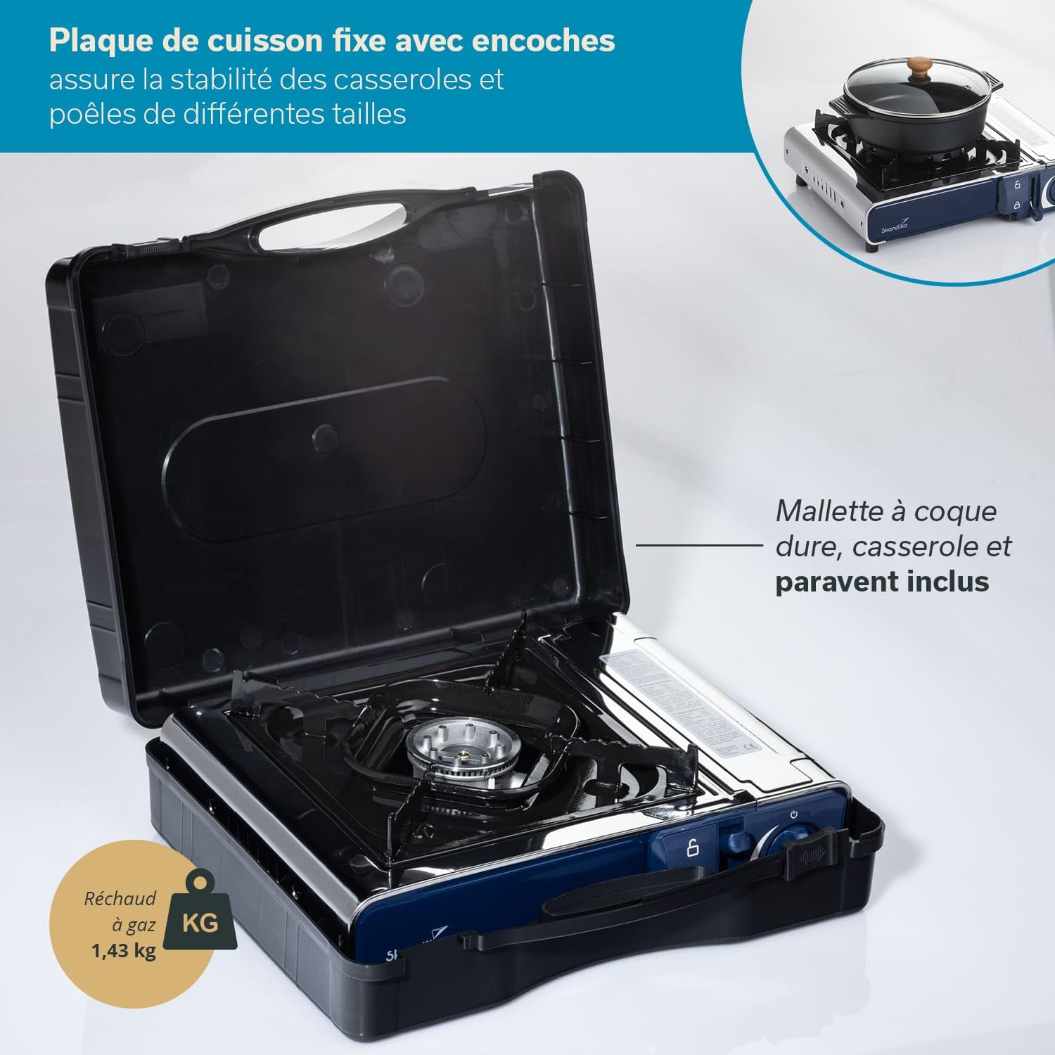 Skandika Réchaud à gaz Brann | 1 feu, réchaud de camping robuste portable pour cartouches de gaz MSF-1A 227 g, acier inoxydable, puissance réglable, allumage PIEZO, mallette plastique | Camping Grill