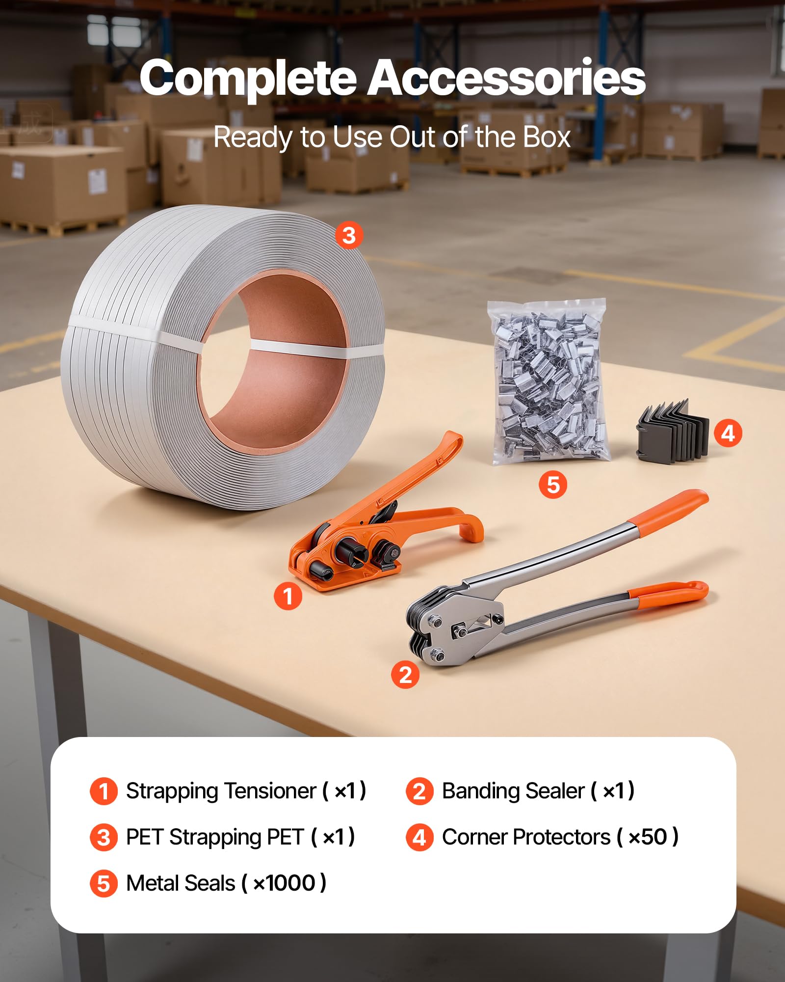 VEVOR Umreifungsset, Hochleistungs-Umreifungsgerät mit 975 m PP-Band, 1000 Metallplomben, 50 Eckenschützern, Kunststoff-Palettenverpackungsset für Lager/Versand/Umzug