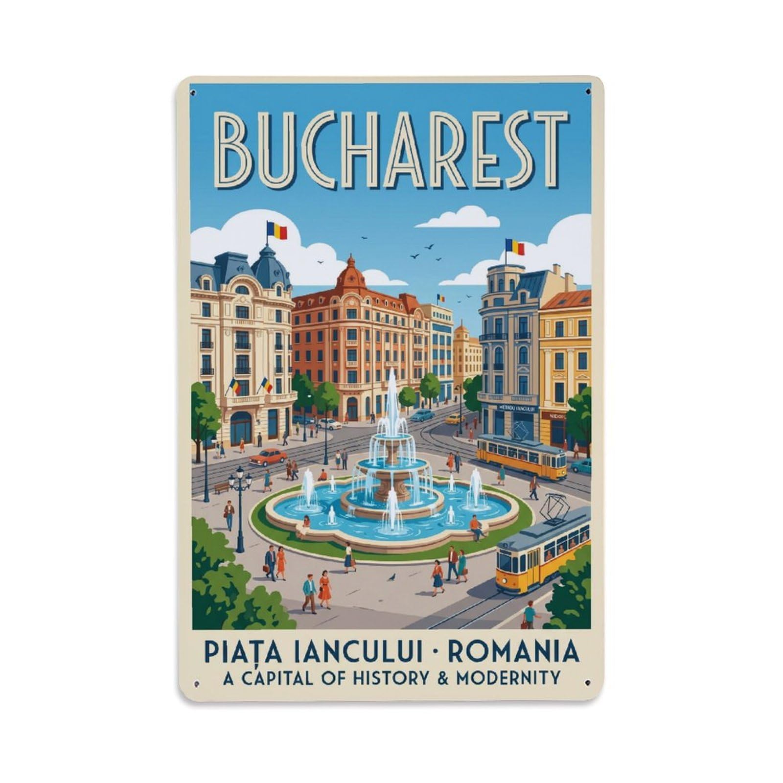Vintage Travel Bucharest Piata Iancului Clean Romania Metal Tin Sign Plaque Wall Decor for Cafe, Club Bar, Office, Home Garden Metal Poster 8x12Inch