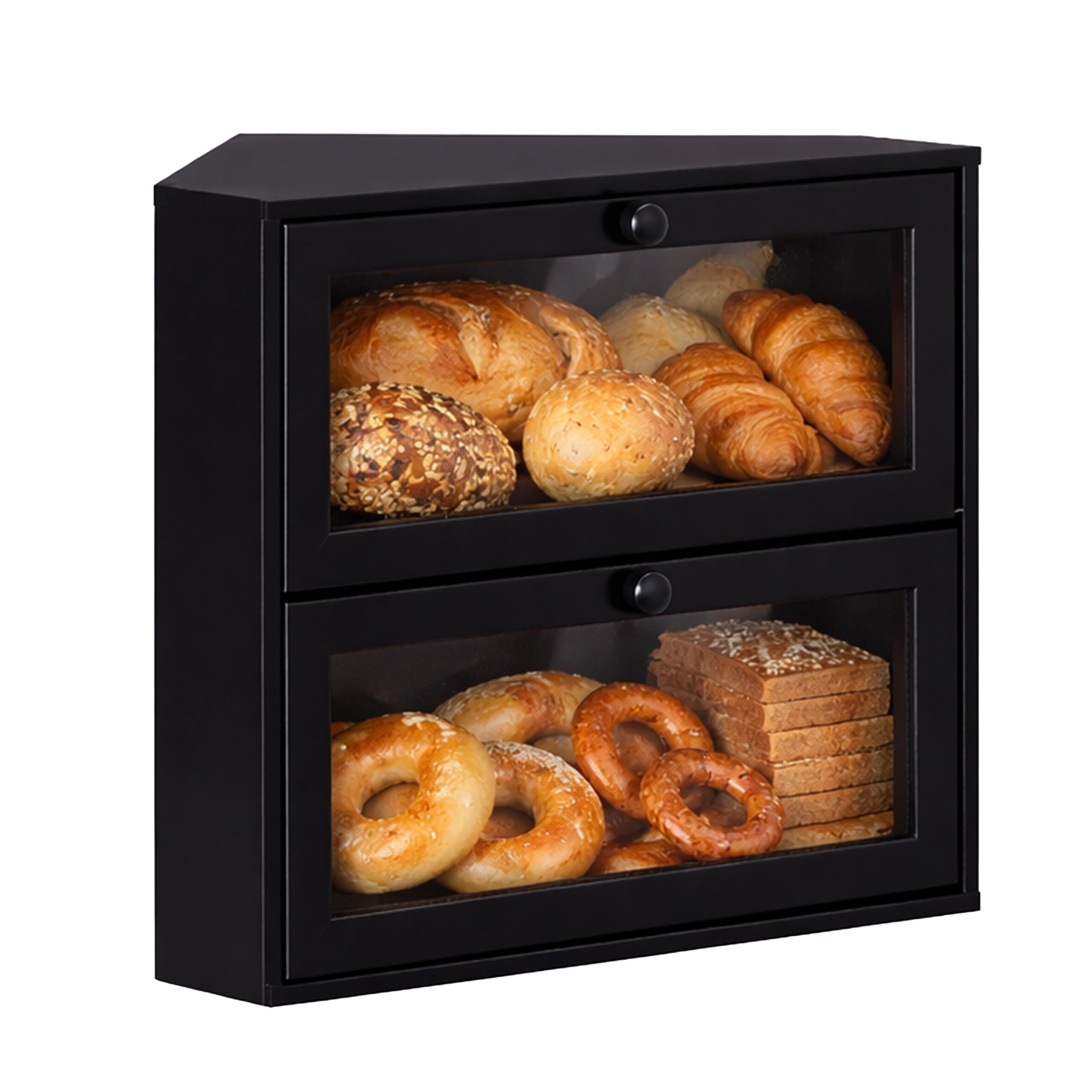 Relaxdays Black Corner Bamboo Bread Bin With Viewing Window, 2-Tier, 35X40x27.5cm