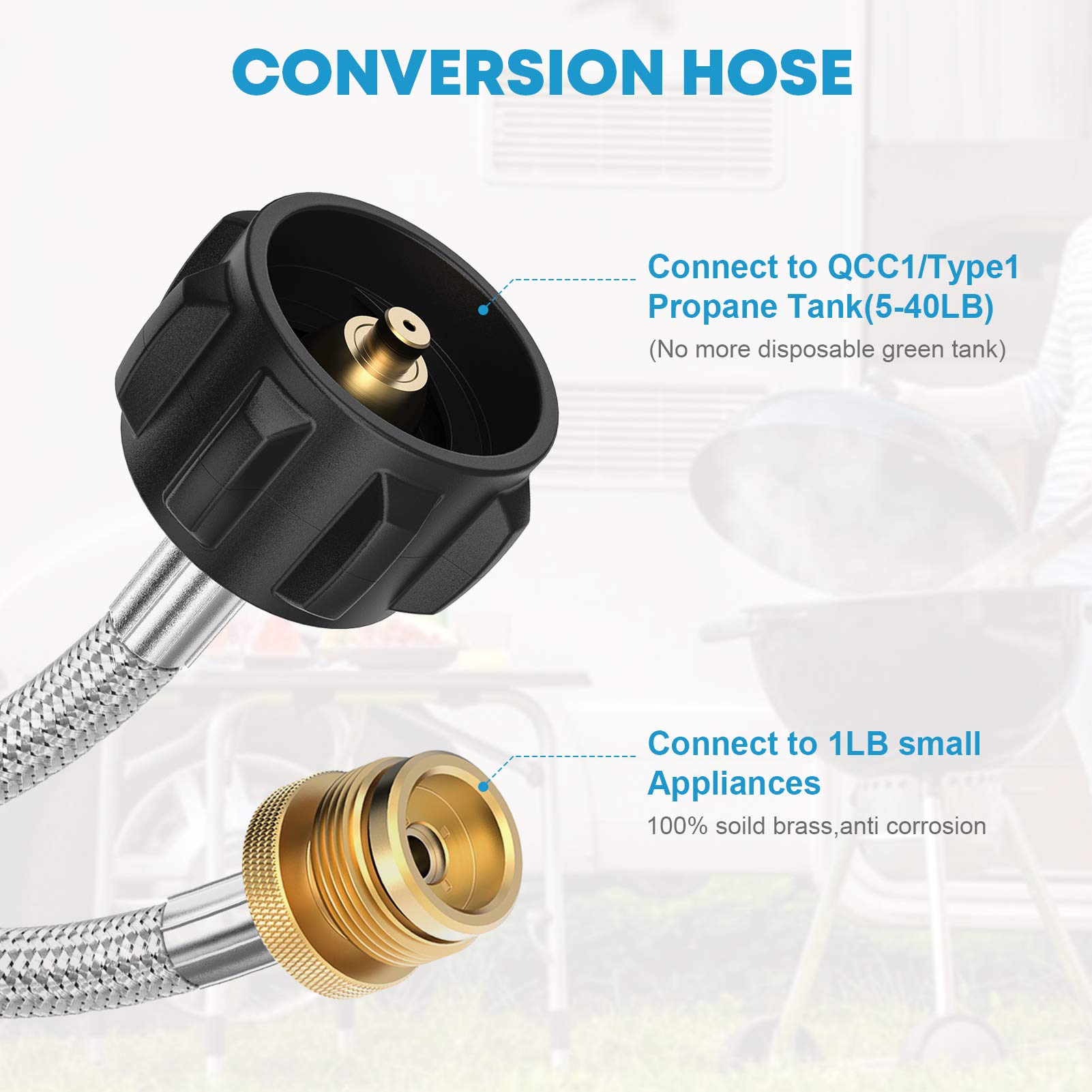 5FT Propane Tank Hose For Buddy Heater, Propane Hose Adapter 1lb To 20lb QCC1