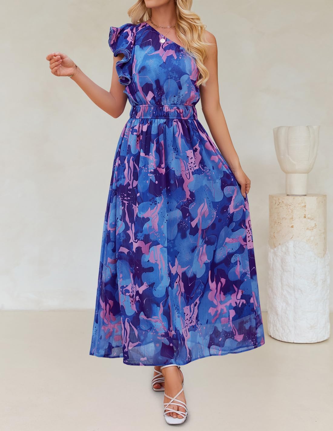 ZESICA Women's 2026 Boho Floral Sleeveless Maxi Dress Ruffle One Shoulder Elatsic High Waist Beach Party Long Dresses - Image 2