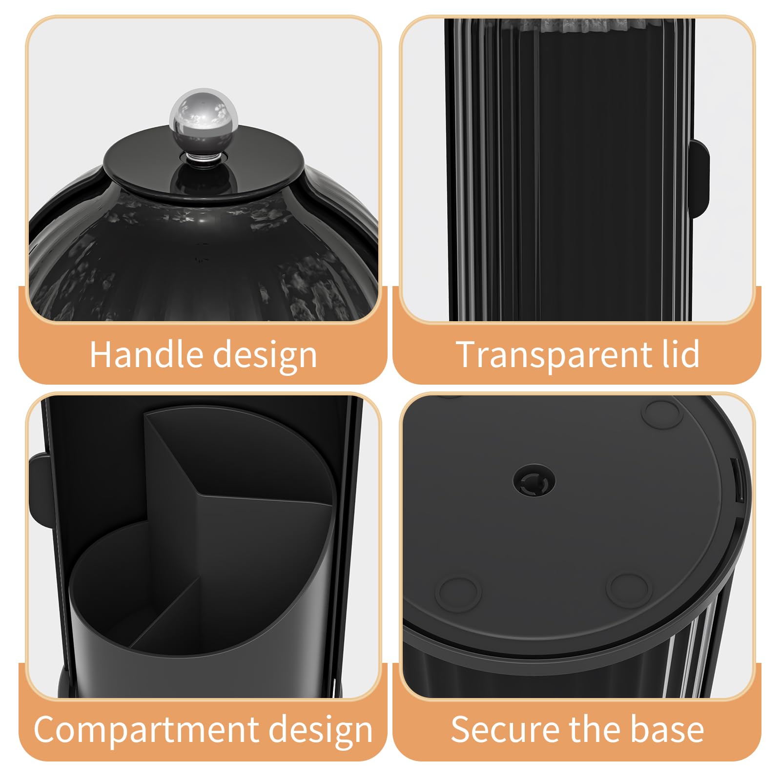 Porta pennelli da Trucco con Coperchio, Girevole a 360°, Organizer per Cosmetici da appoggio, Antipolvere, per Bagno, Trasparente (Nero Scuro)