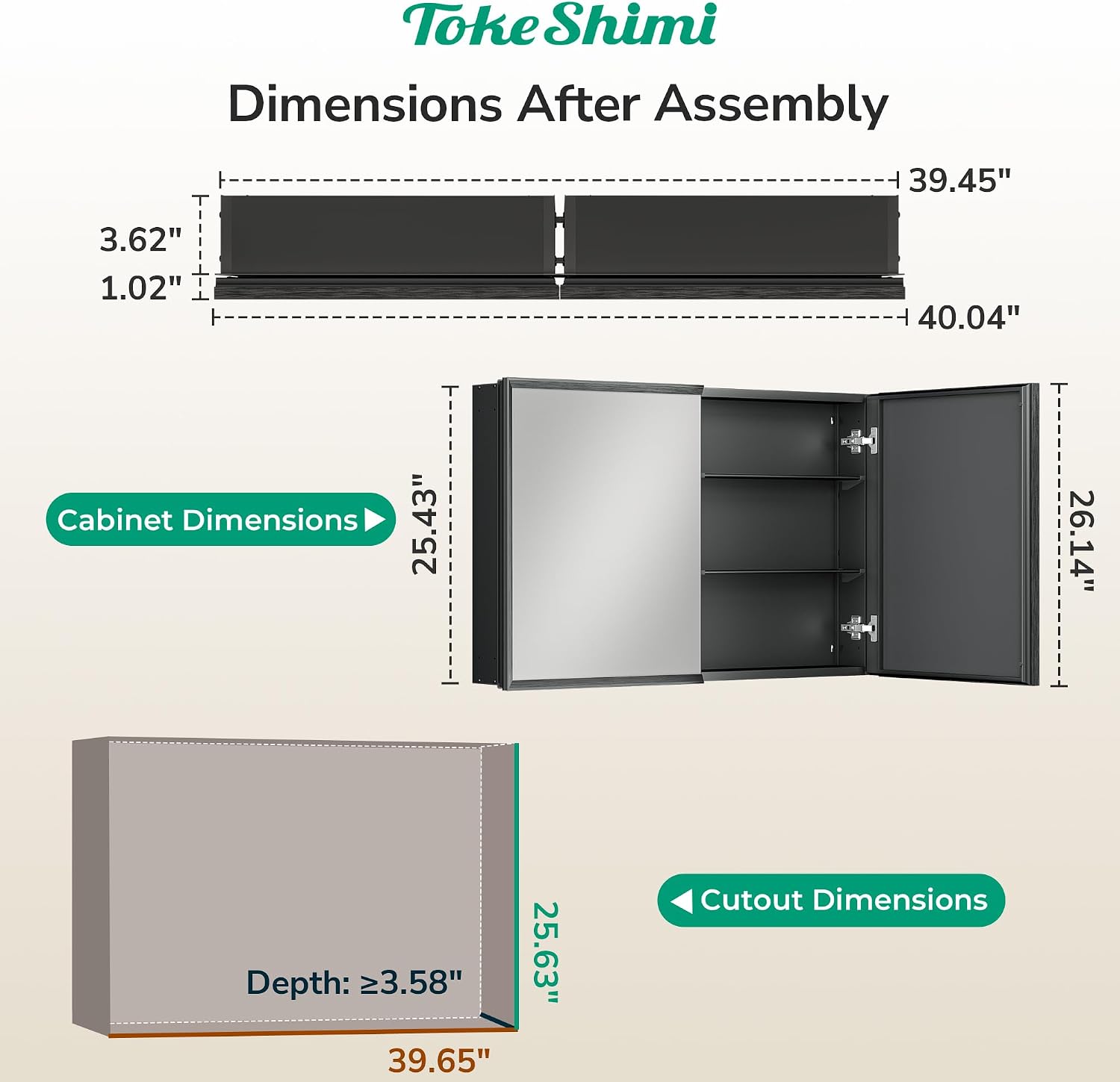 tokeshimi 40 x 26 black recessed medicine cabinet with mirror, assembly required, bathroom medicine cabinet with mirror, stepless adjustable shelves, beveled aluminum frame, dtc hinge black 40x24 in