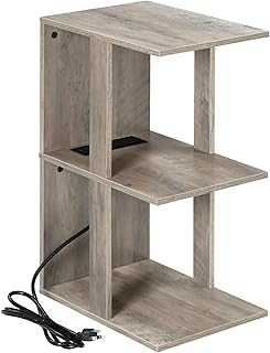 HOOBRO Nightstand with Charging Station, 3 Tier End Table with USB Ports and Outlets, Narrow Side Table with Storage Shelf, Small Sofa Bedside Table for Small Spaces, Bedroom, Greige BG90UBZ01