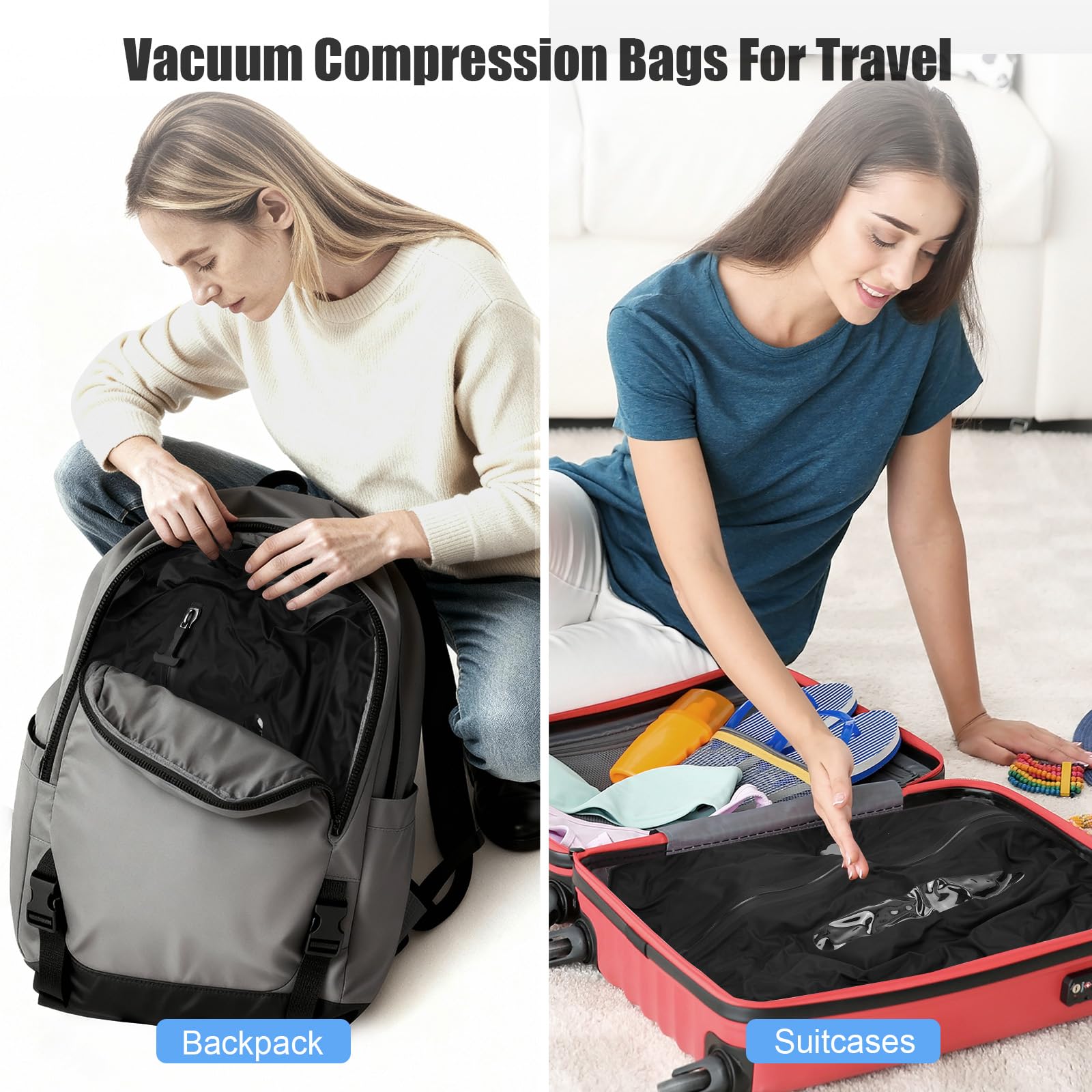 Lot de 4 sacs sous vide pour voyage avec pompe, sacs de compression réutilisables de 21 L avec fermeture éclair étanche IP68, sacs de voyage sans air pour bagages familiaux et rangement à la maison