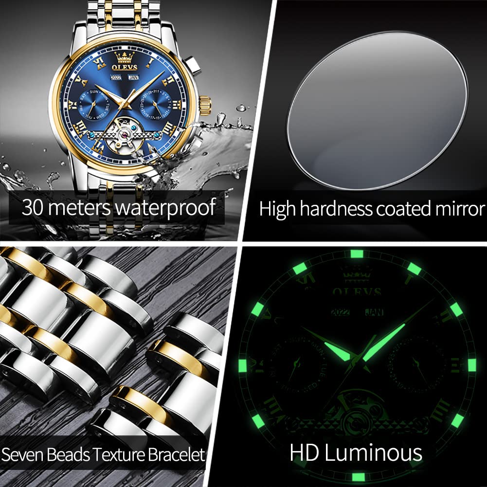 OLEVS Pärchen-Uhren für Damen und Herren, automatische Uhr für Sie und Ihn, mechanischer Abschleppton, Edelstahl, wasserdicht, leuchtend, Datumsanzeige