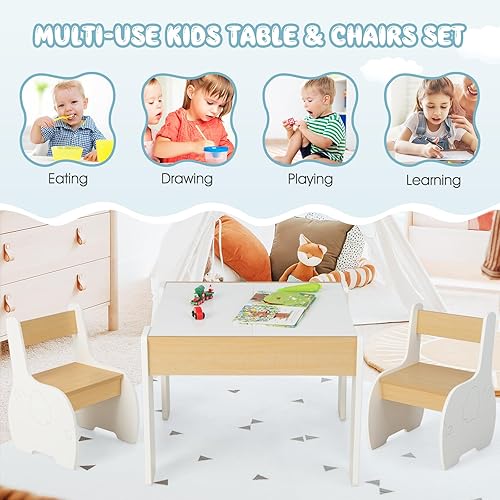 Miniatura 8 de INFANS Juego de mesa y silla para niños 3 en 1, mesa multiactividad de madera con almacenamiento removible en la parte superior, pizarra desmontable