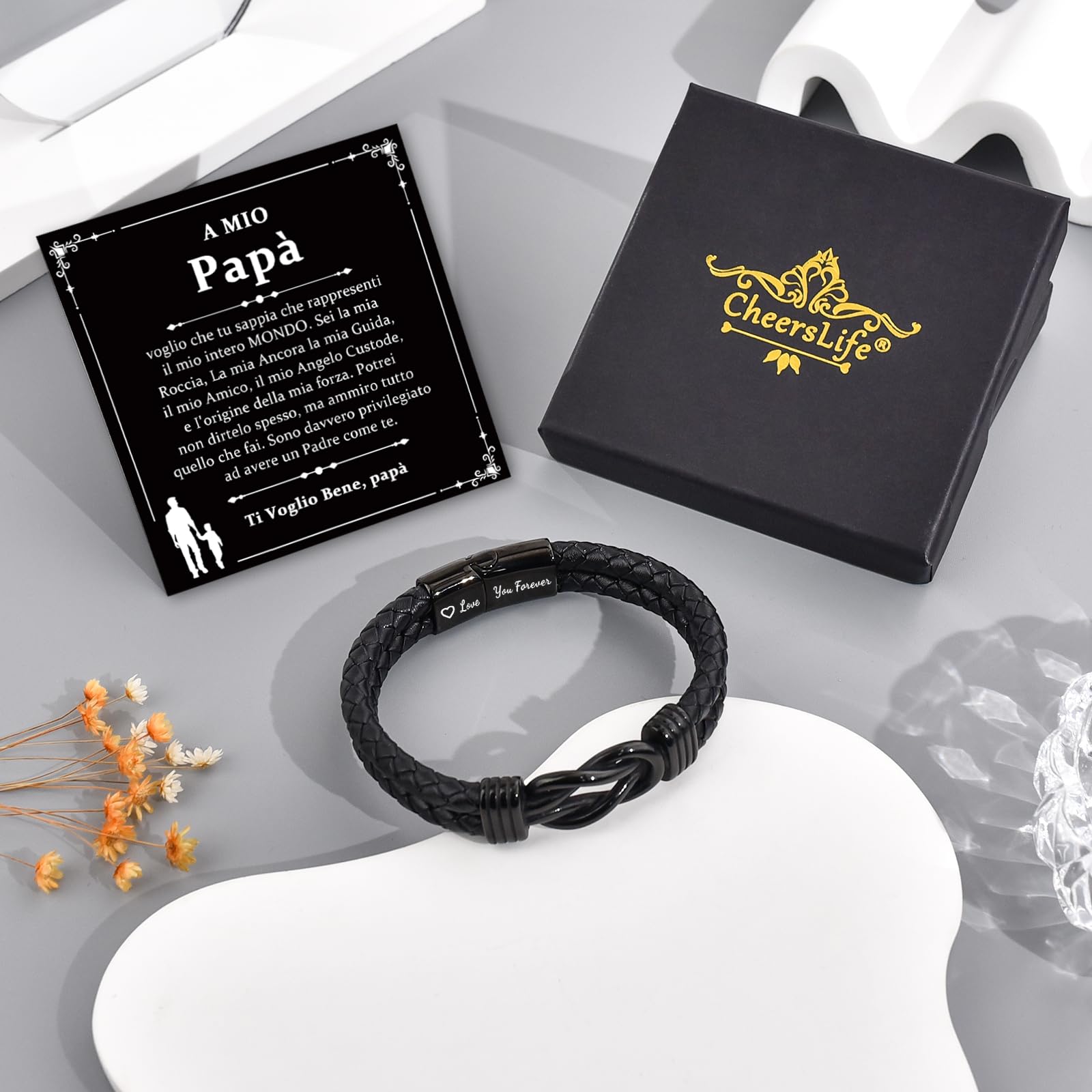 CheersLife Regalo Festa del Papà Idee Regalo per Papà, Regalo Compleanno Papà Bracciale Papà Personalizzato Intrecciata Bracciale Cuoio Uomo PAPÀ Regali Per Papà