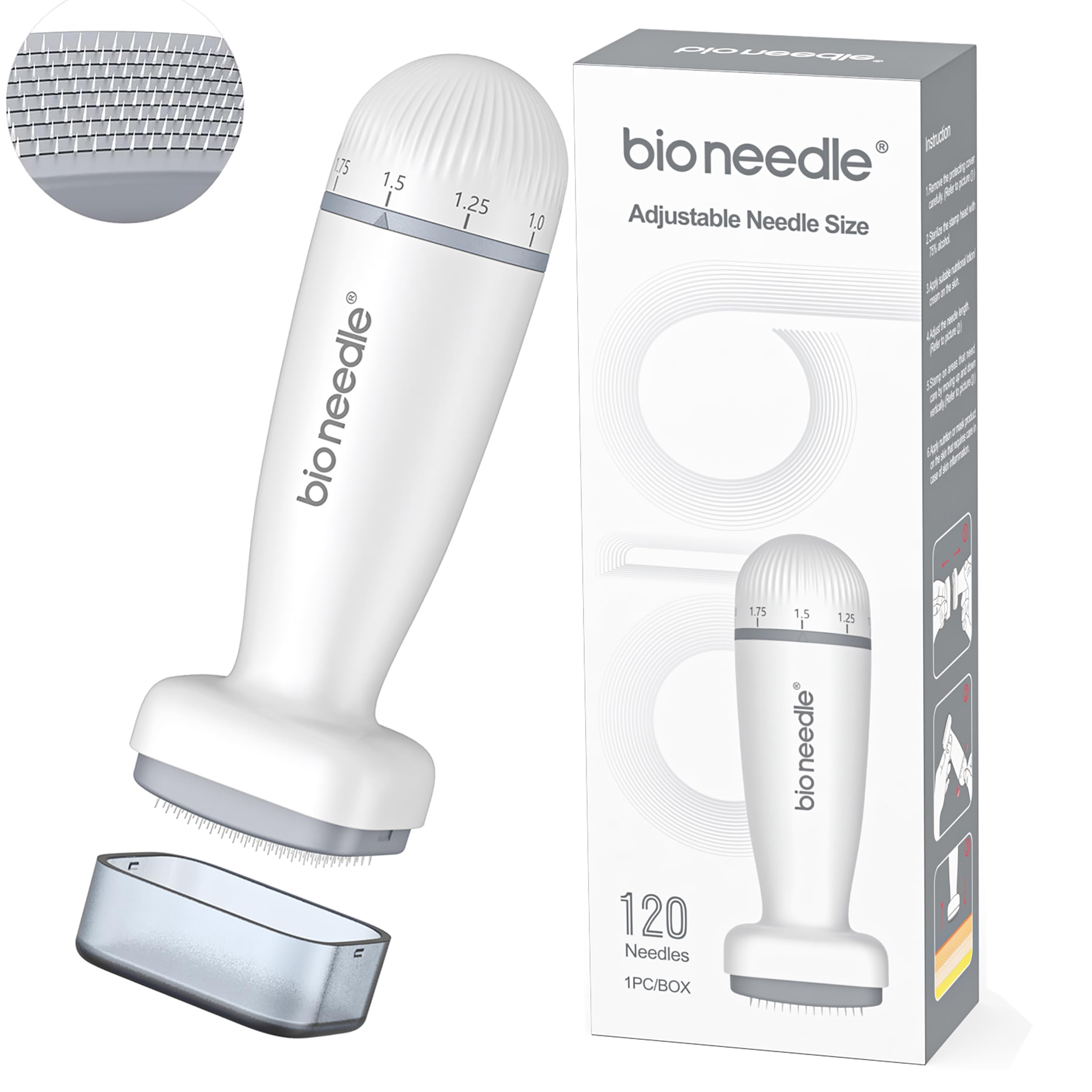 Derma Stamp - Adjustable 0~2.0mm 120 Pins Derma Stamp - Microneedling Derma Roller for Hair, Beard growth, loss, Shrink Pores, Brighten Skin Tone