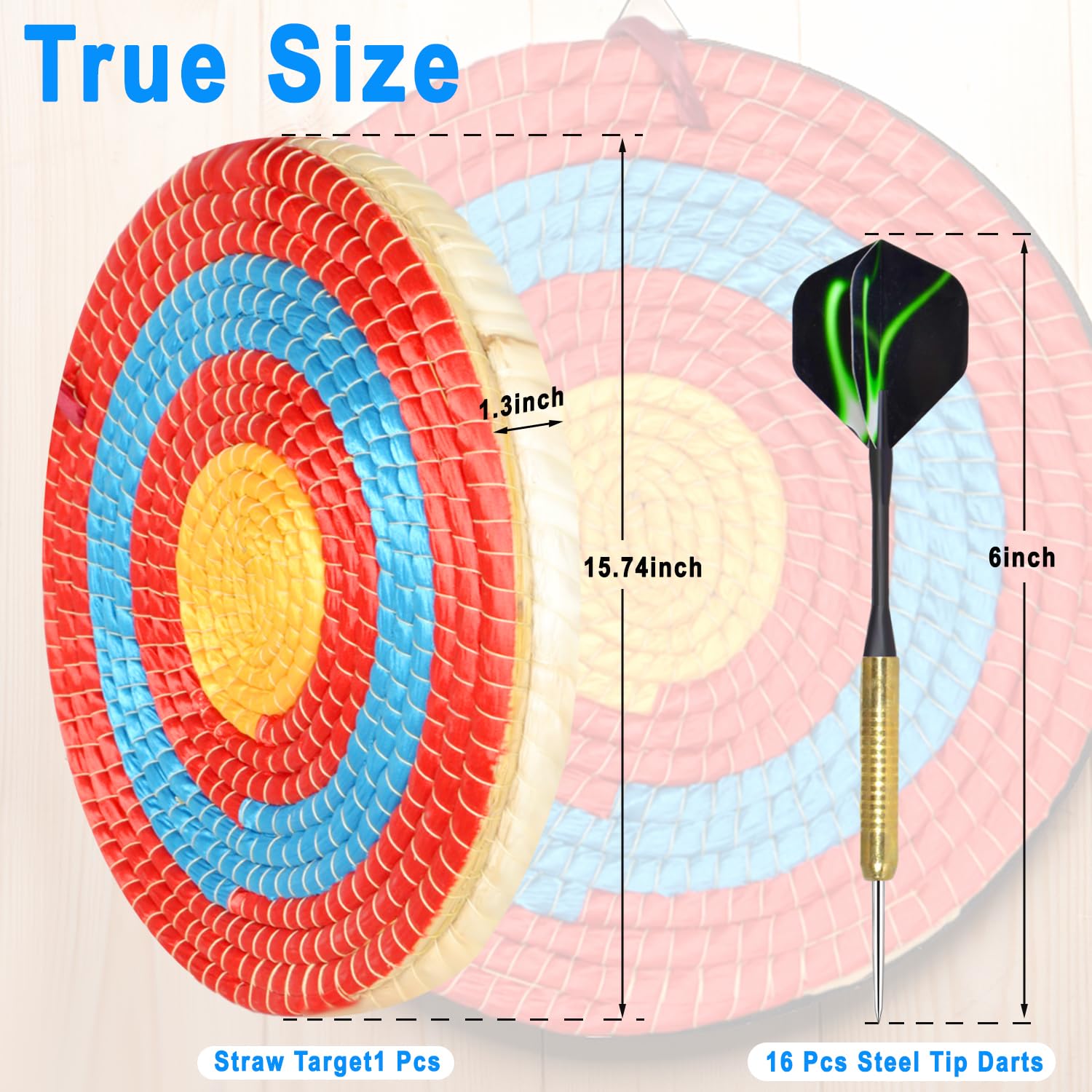 VNAKER Straw Target 15.7 Inch Dartboard, Adults Anxiety Stress Relief Dart Boards with 16 pcs Steel Tip Darts