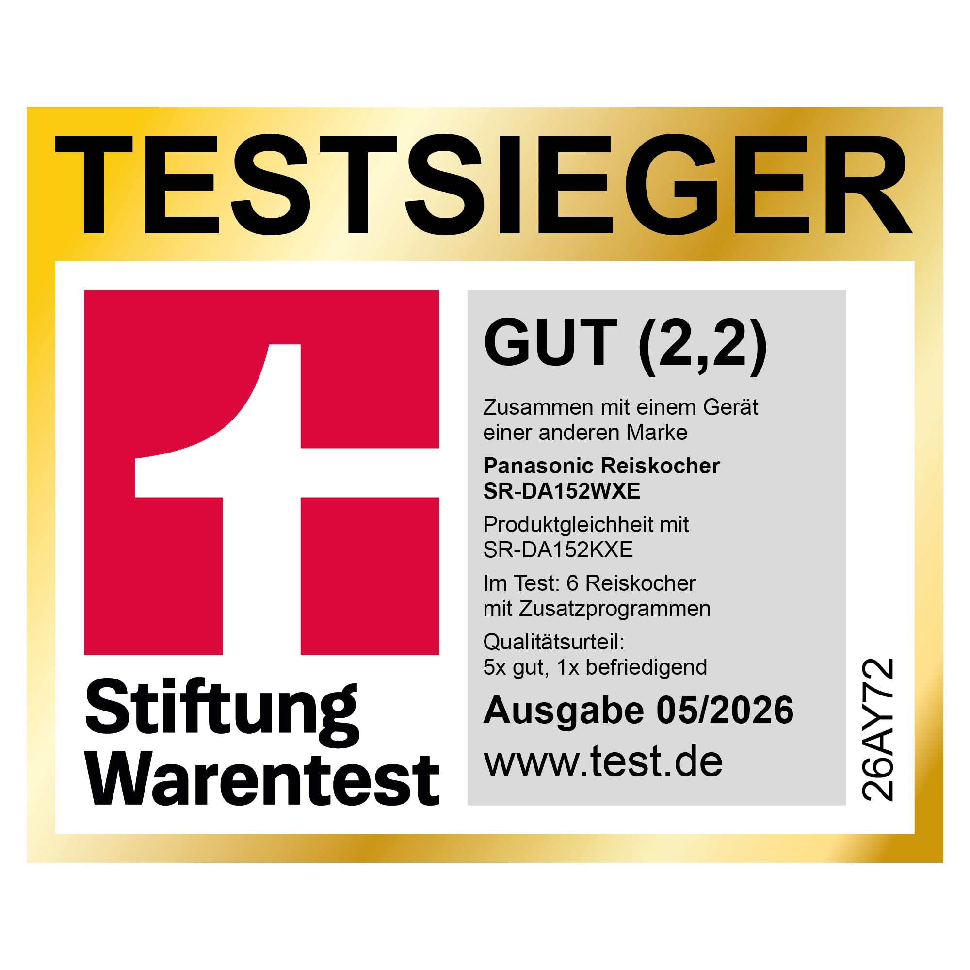 Panasonic SR-DA152WXE Automatischer Reiskocher mit Dampfgarer, 1,5 Liter (8 Tassen), Fuzzy-Logik, Wasserverhältnisanzeige, BPA-frei, Warmhalten, Startverzögerung, spülmaschinengeeignete Teile, weiß