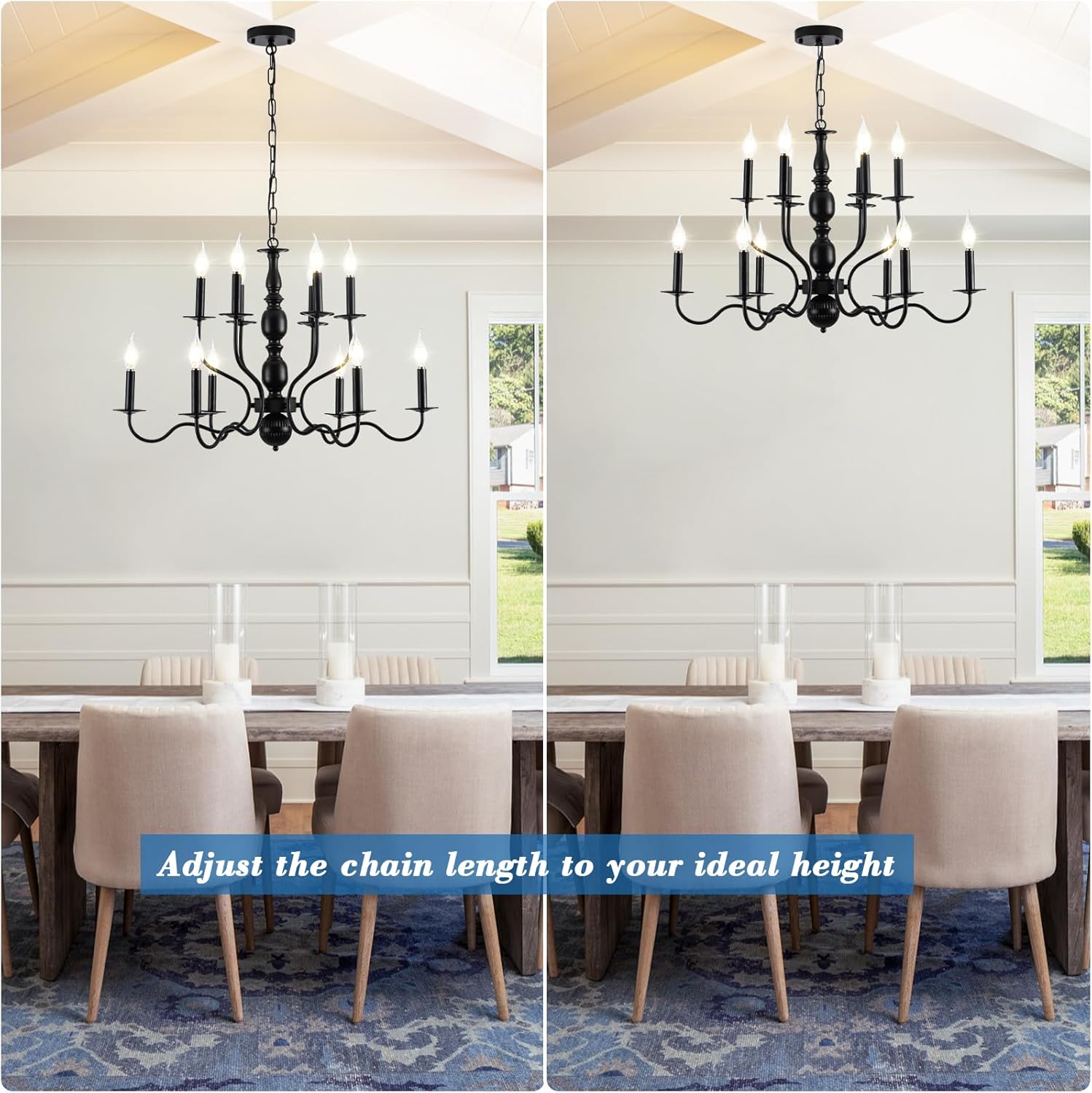 Black Chandelier, 12-Light Farmhouse Chandeliers for Dining Room Light Fixture Hanging, Rustic Industrial Pendant Lighting Fixtures Modern Candle Chandelier for Living Room Kitchen Island Entryway