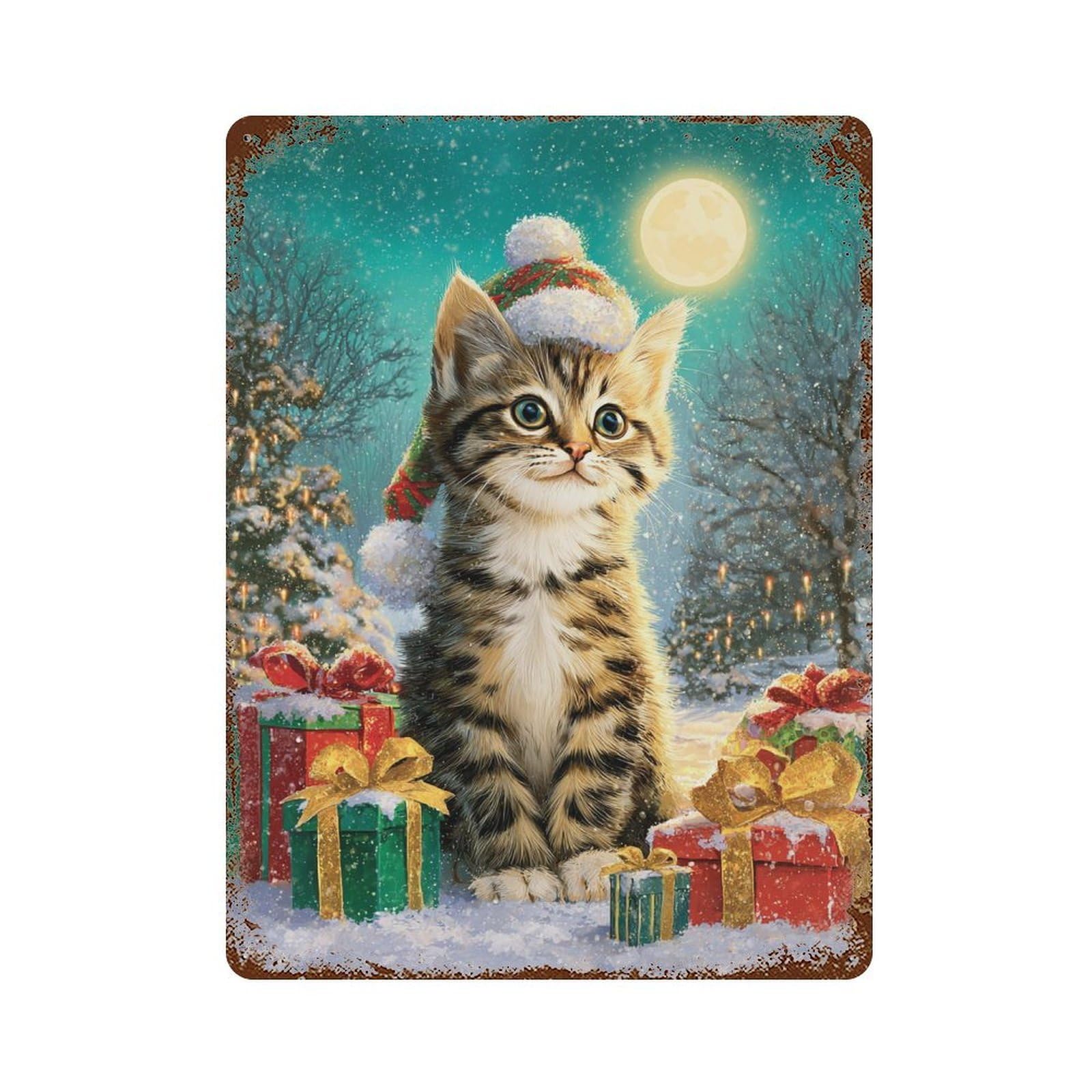 Aged Metal Wall Plaque with Christmas Kitten with Presents-3 Design 15.7"x11.8", for Basement, Hobby Room And Garage Decor, Farmhouse Wall Decor