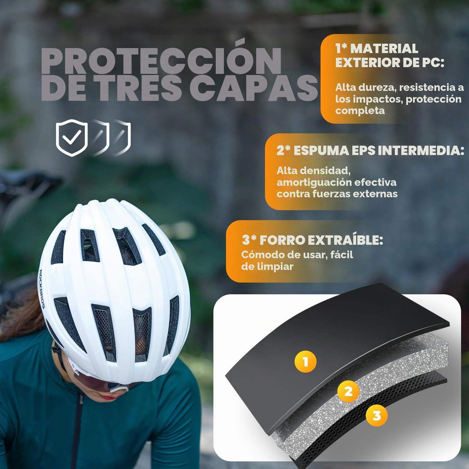 ROCKBROS Casco de Bicicleta con Luz LED para Hombre Mujer, 55-60 cm | 3 Modos de Luz, Transpirable, Ajustable y con Forro Desmontable para Ciclismo de Carretera y MTB