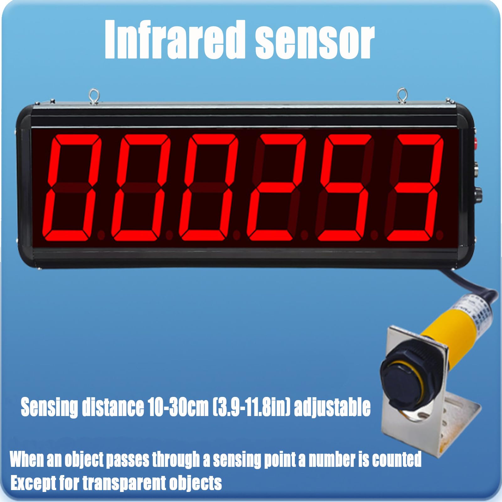 Infrared Sensor Automatic Counting,Electronic Digital Display Counter,6-Digit LED Display Count Up To 999999,10-30Cm Sensing Distance Adjustable,No Data Loss During Power Outage ,Black,44.8cm/17.6in