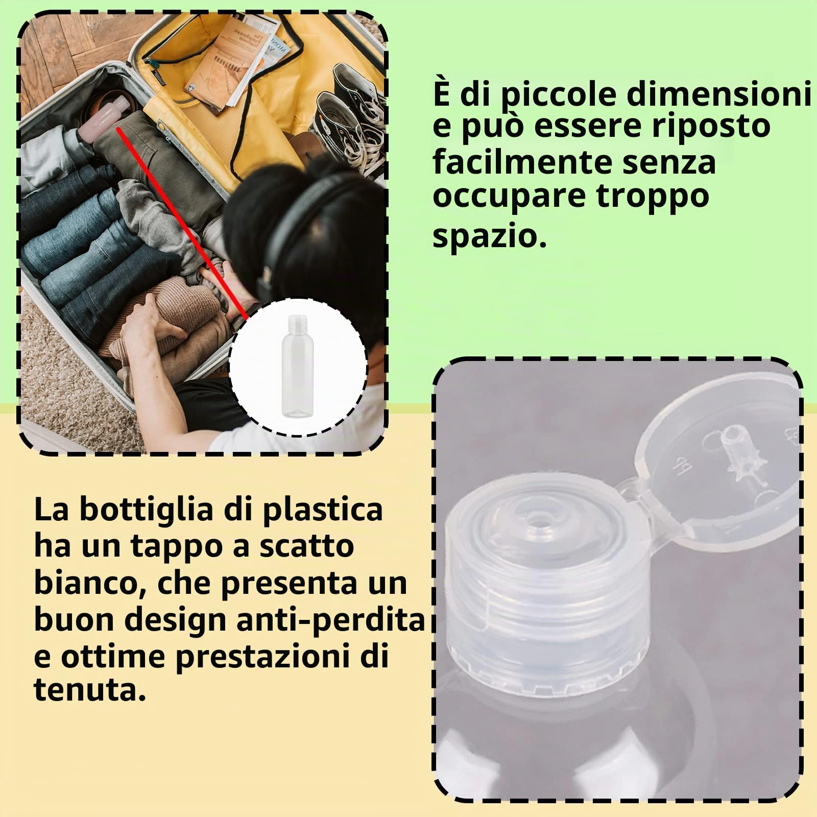 Set di 10 flaconi da viaggio - Flaconi dispenser in plastica trasparente da 100 ml con tappo a scatto, mini flaconi d'aria, contenitori per gel doccia da viaggio in PET per lozione di riempimento