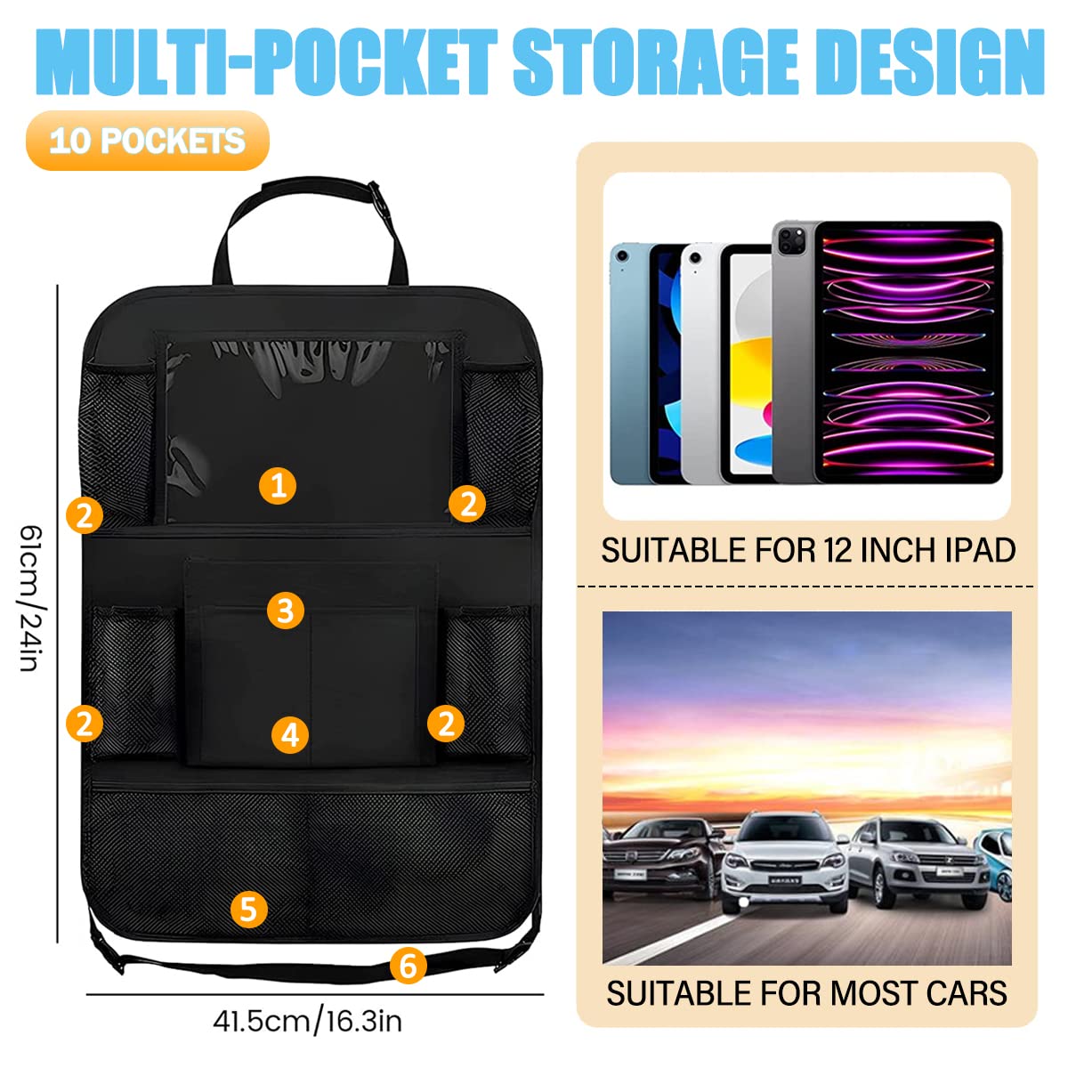 Organisateur De Dossier De Voiture Pour Enfant - Avec Poche IPad 10", 10 Compartiments, Noir