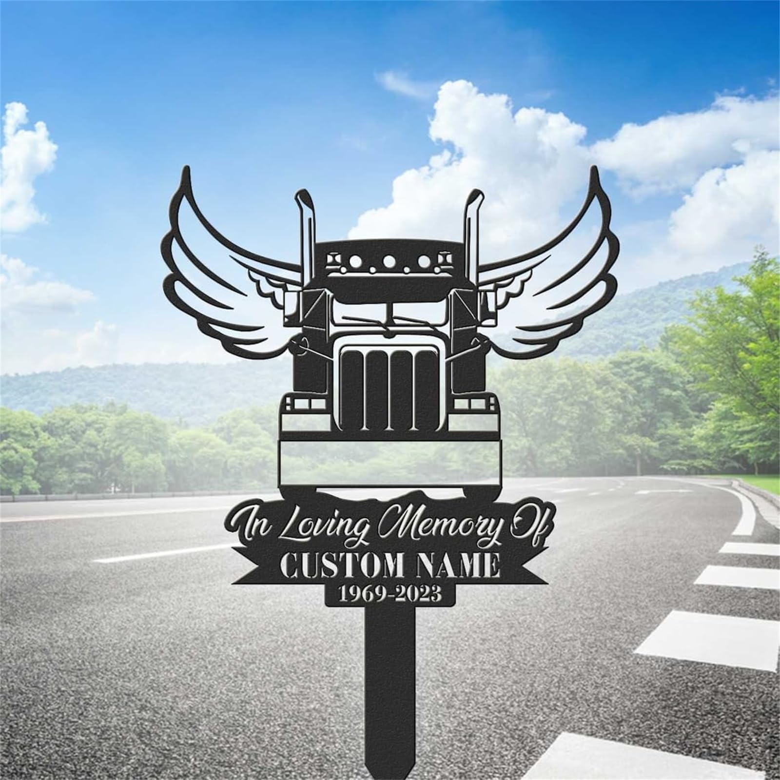 FrAnny Custom Truck Driver Grave Marker,Semi Truck Silhouette Memorial Stakes,Decor Gifts for Loss of Loved One,Symbolic Memorial Stakes for Cemetery,Sympathy Gift,Metal Garden/Yard Sign, Black