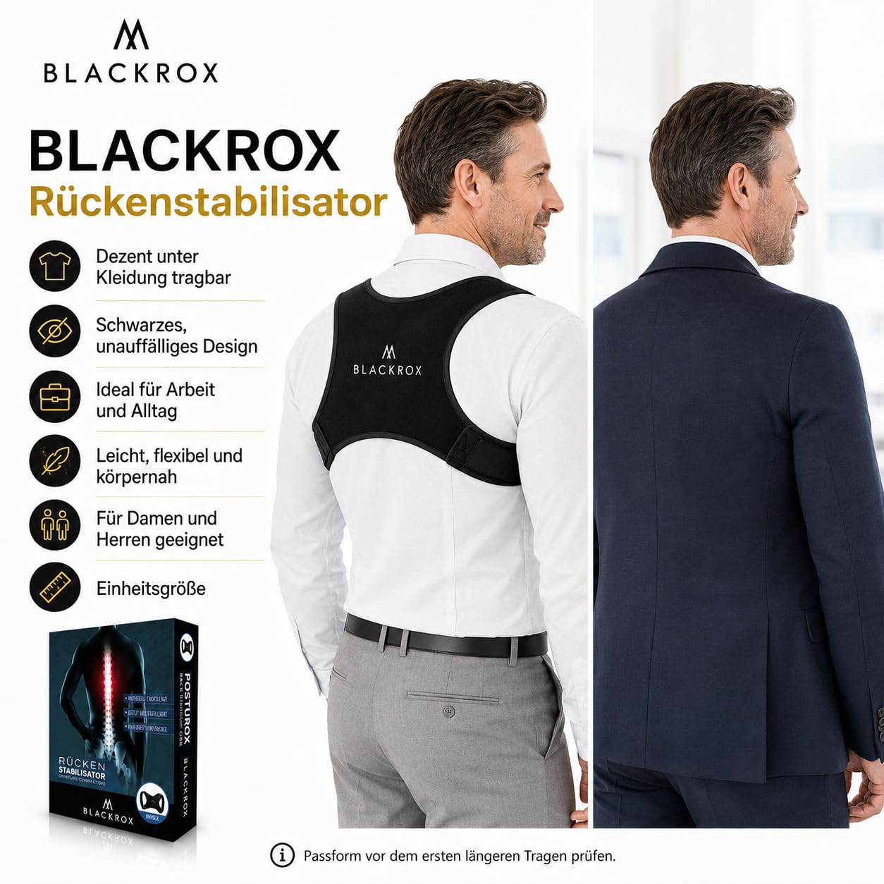 BLACKROX Haltungskorrektur [Vergleichsieger 2026] | Damen & Herren | Rückenstabilisator | Rückenstütze | Effektiv gegen Rückenschmerzen & Buckehaltung | Rücken Geradehalter