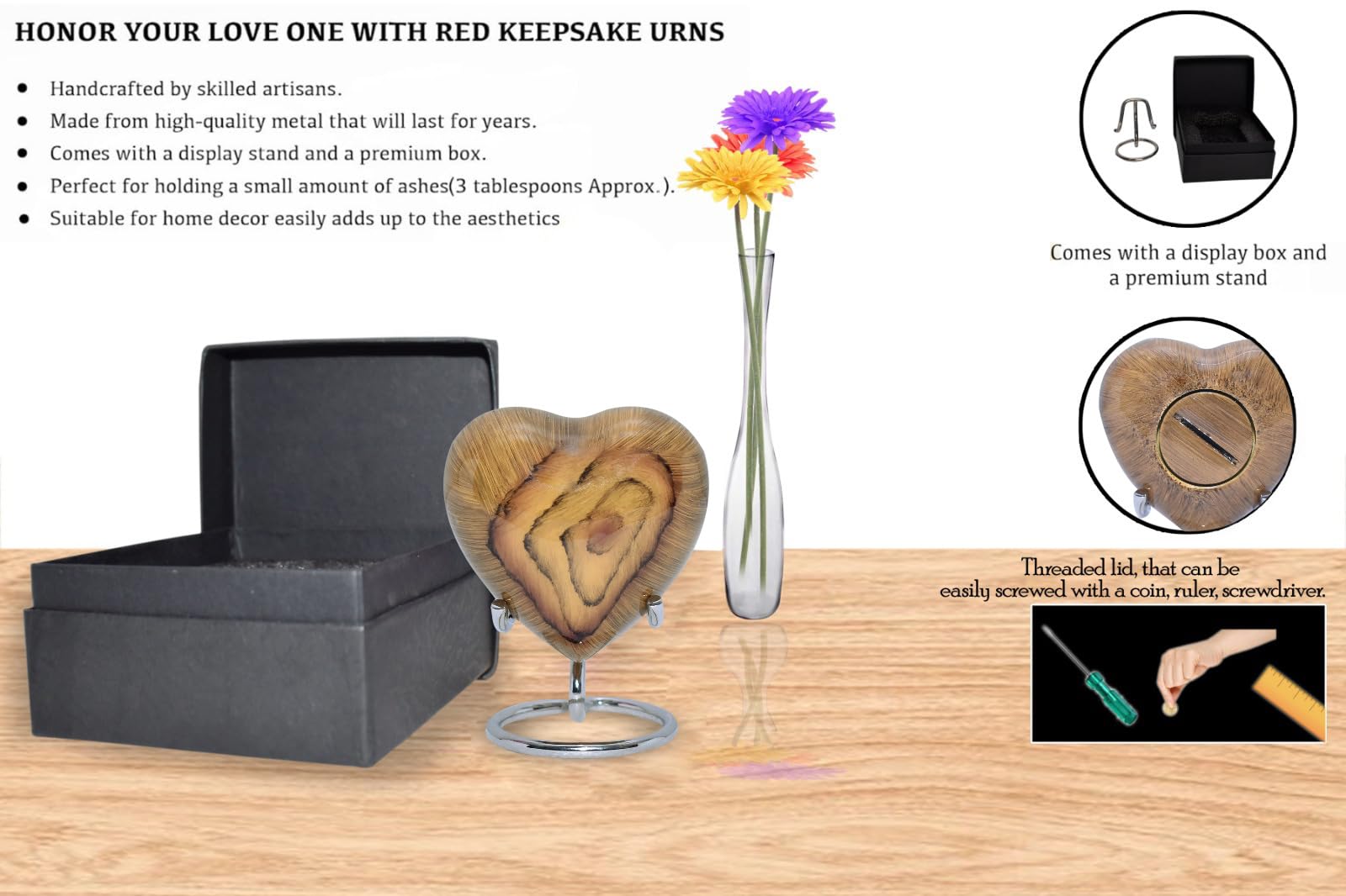 Bold & Divine Urna de recuerdo de madera de raíz de teca, mini urna de cremación de corazón con soporte y caja premium, pequeña urna de recuerdo, honra a tu ser querido con forma de corazón de urna,