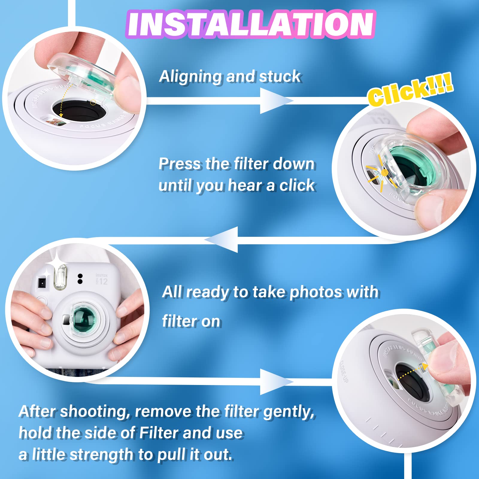 Fuji Mini 12 filtr obiektywu aparatu, kolorowy filtr obiektywu zbliżeniowego kompatybilny z kamerą Instax Mini 12, 2 szt. filtrów wyciętych i 4 szt. pełnokolorowych filtrów - 6 sztuk