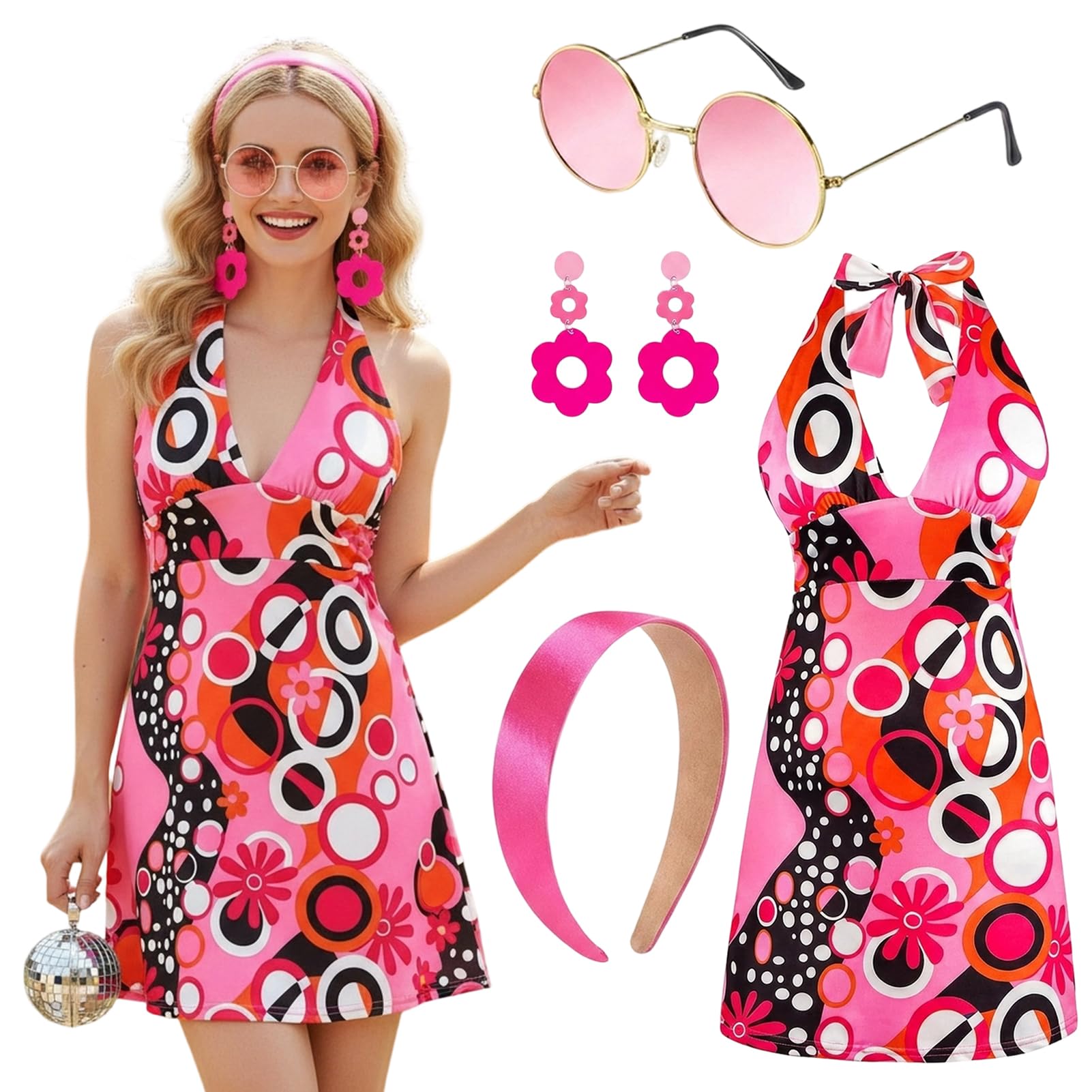 Amycute Hippie Disco Costume Set for Women, 60s 70s Retro Halter Neck Dress with Headband, Earrings & Sunglasses, 60s 70s Flower Power Outfit for Fancy Dress(Pink Floral,M)