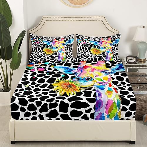Miniatura 2 de Erosebridal Sábana bajera ajustable de jirafa arcoíris tamaño Queen, lindos animales, sábanas con estampado de jirafa negra y blanca, hippie, teñido