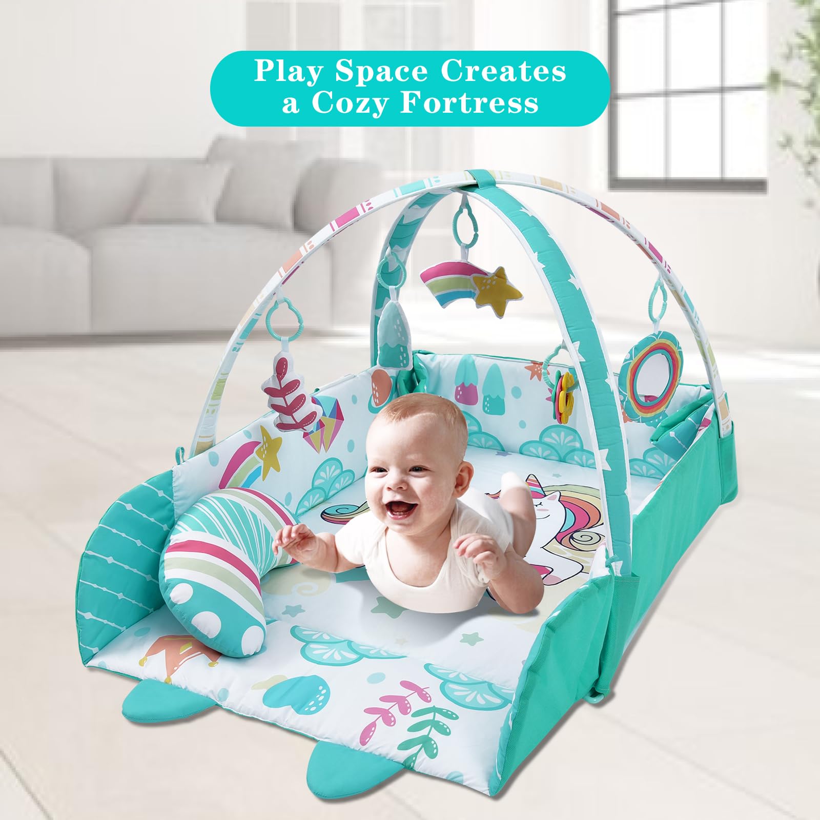 TFDER 5 in 1 Palestrina Neonato Multifunzione, tappeto gioco e vasca palline con lati, Giocattoli Staccabili,Stimola Sviluppo del Neonato con Tante Attività - Giochi Neonato 0+ Mesi,Bianco e verde