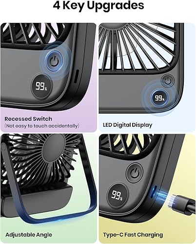 Miniatura 2 de TOPK Paquete de 2 ventiladores de escritorio portátiles de 5000 mAh, pantalla digital ultrafina de viento fuerte, 4 velocidades, ajustable, pequeño,