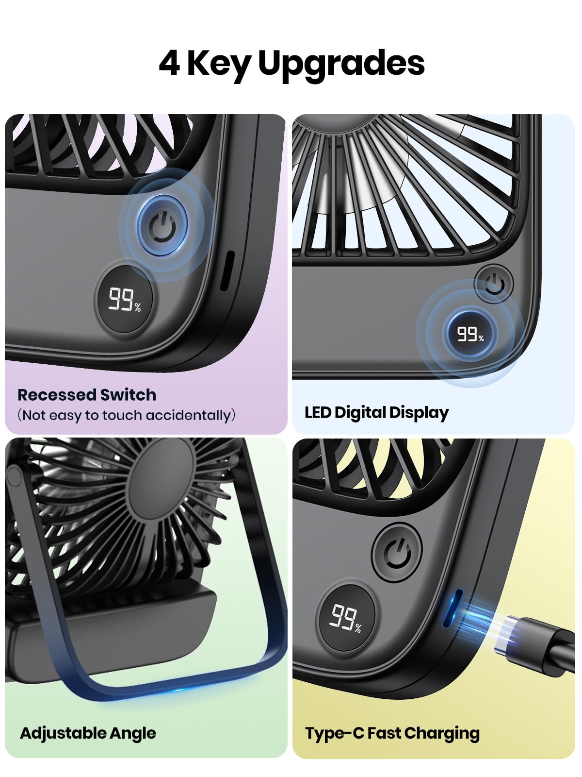 TOPK 2 Pack 5000mAh Portable Desk Fan Rechargeable, Ultra-thin