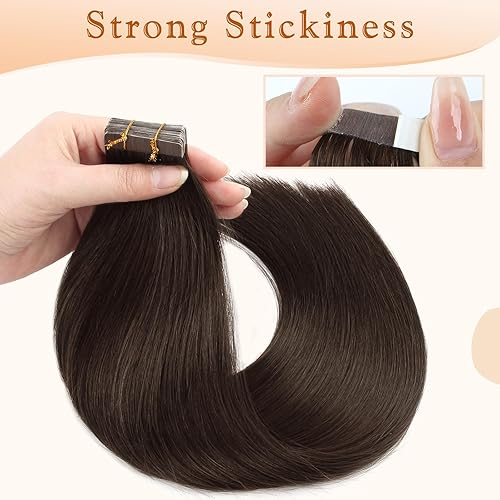Miniatura 5 de Extensiones de cabello humano con cinta, color marrón oscuro, cabello humano real, 2 extensiones de trama de piel lacio, sin costuras, 0 unidades,