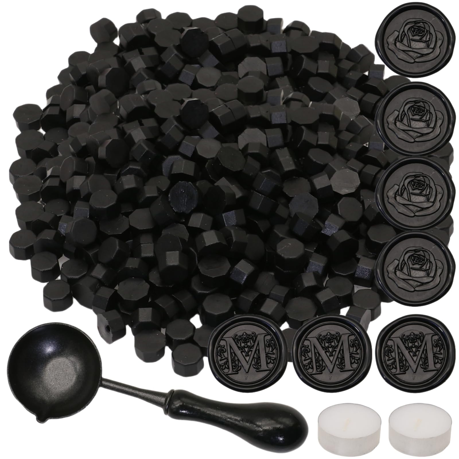 300Pcs Wax Seal Beads Set with Non-Slip Melt Spoon and Candles, Black Sealing Wax Pellets Bead Great for Seals Stamp, Wedding Invitations, Xmas Gift, Envelope Seal (Black)